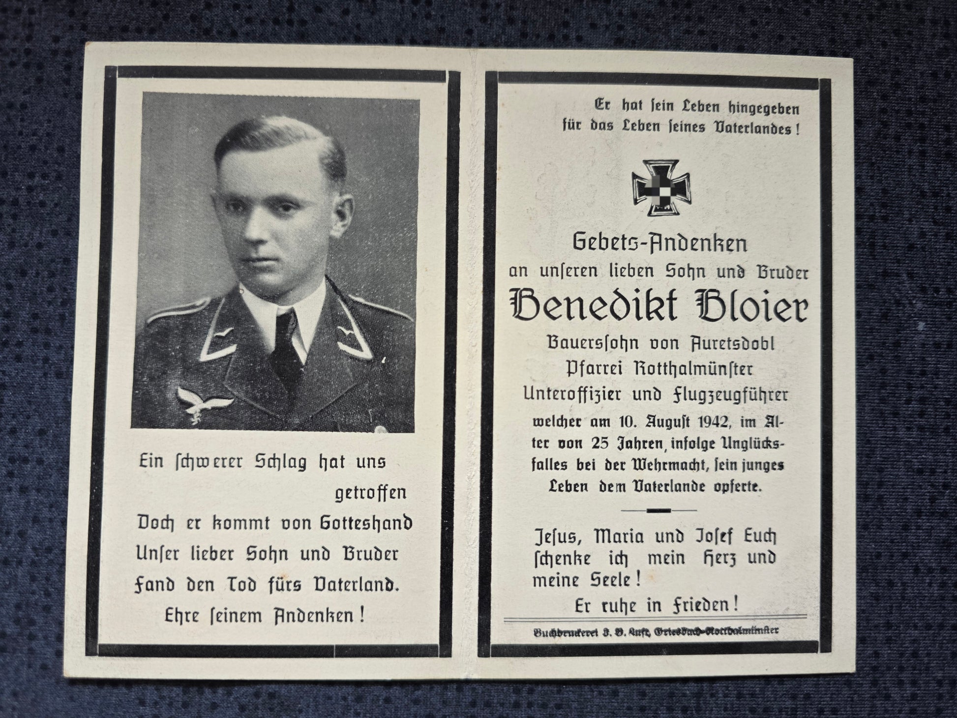 Sterbebild Unteroffizier Auretsdobl Pilot 10./KG-53 "Legion Condor" LC Illesheim Deutschland - www.mmilitaria.com