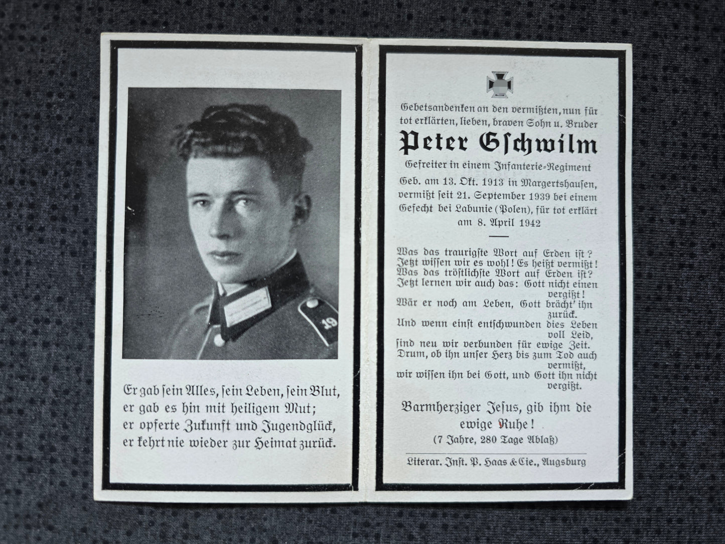 Sterbebild Gefreiter Edenhausen Inf. Regt. Vermisst Łabunie Polen 1939 - www.mmilitaria.com