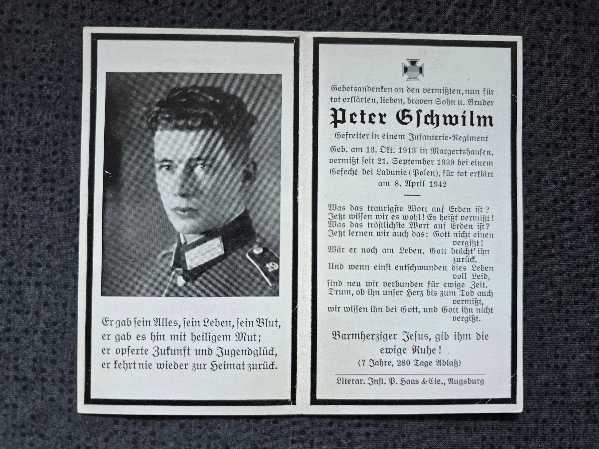Sterbebild Gefreiter Edenhausen Inf. Regt. Vermisst Łabunie Polen 1939 - www.mmilitaria.com