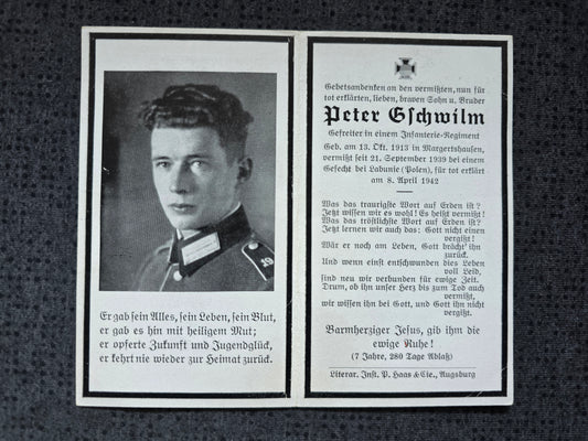 Sterbebild Gefreiter Edenhausen Inf. Regt. Vermisst Łabunie Polen 1939 - www.mmilitaria.com
