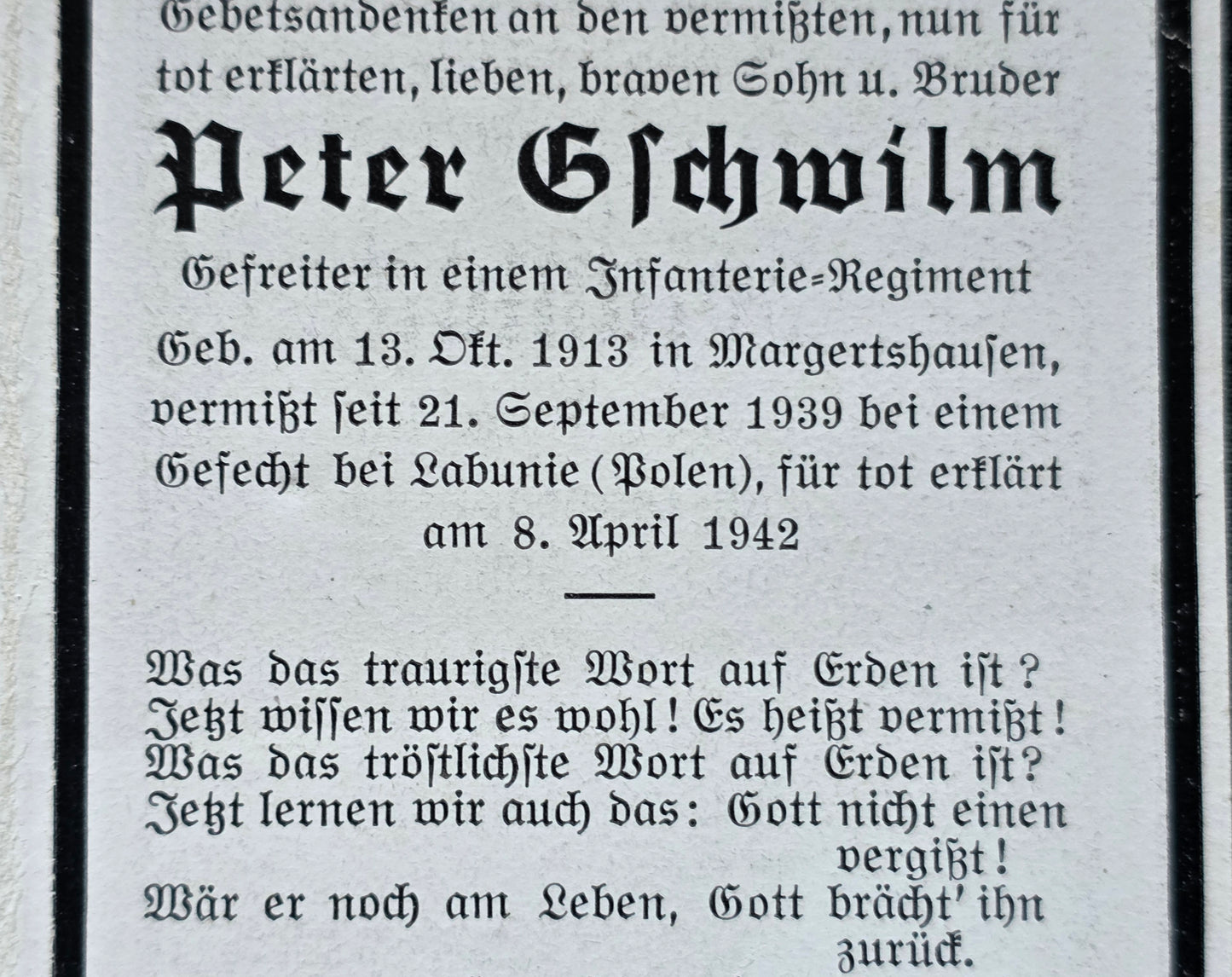 Sterbebild Gefreiter Edenhausen Inf. Regt. Vermisst Łabunie Polen 1939 - www.mmilitaria.com