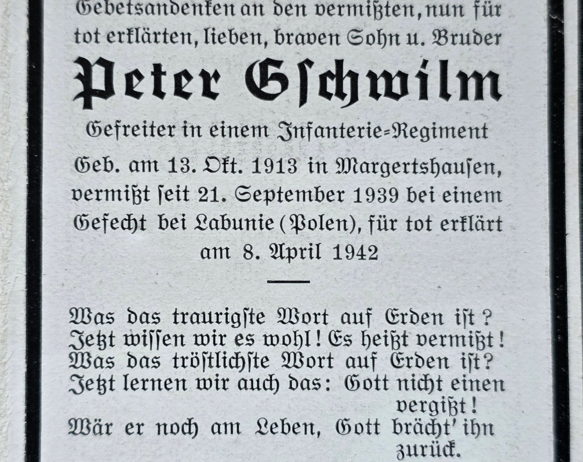 Sterbebild Gefreiter Edenhausen Inf. Regt. Vermisst Łabunie Polen 1939 - www.mmilitaria.com