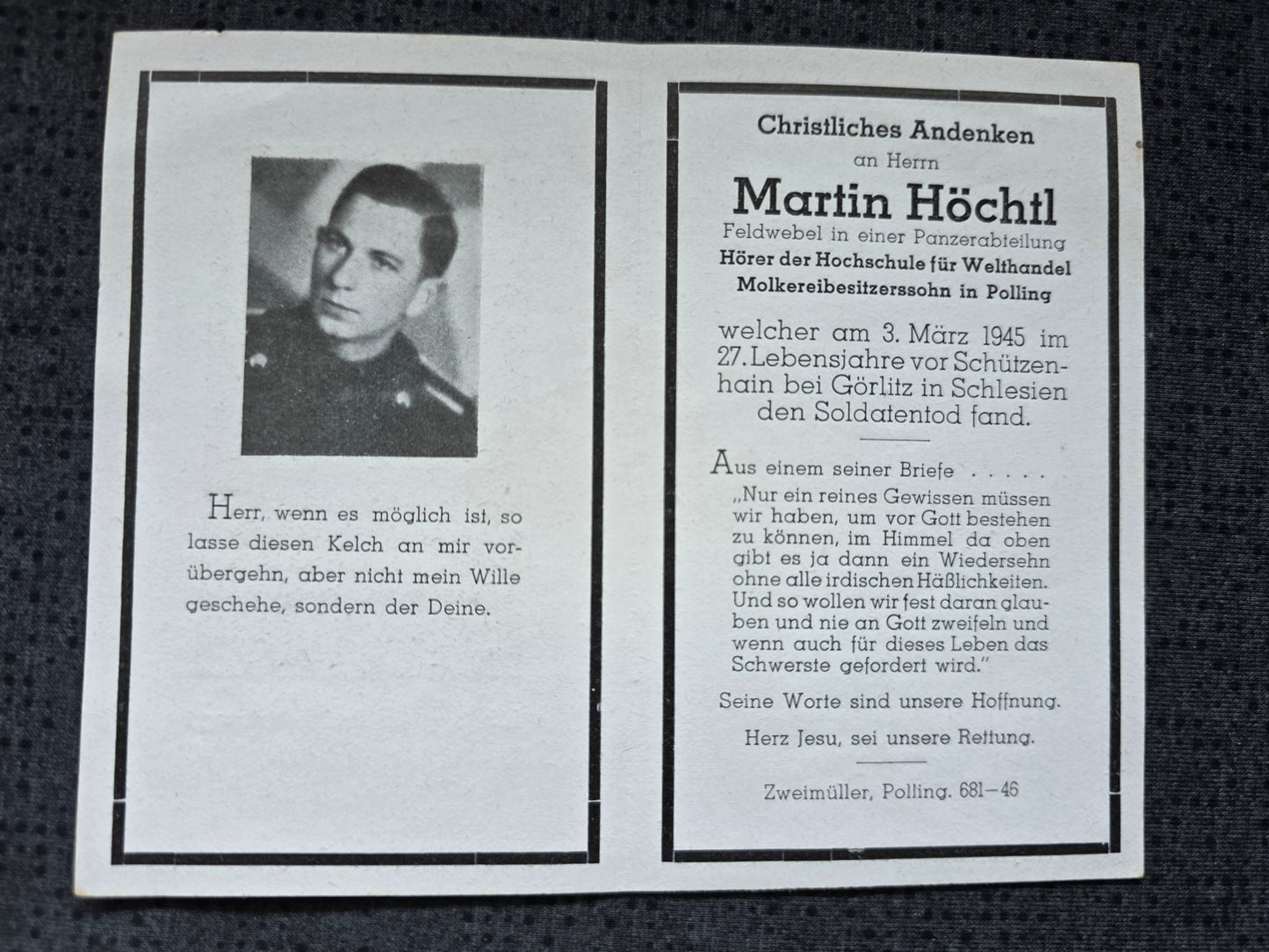 Sterbebild Feldwebel Polling Panzer Regt. Endkampf Schützenhain Görlitz Schlesien - www.mmilitaria.com