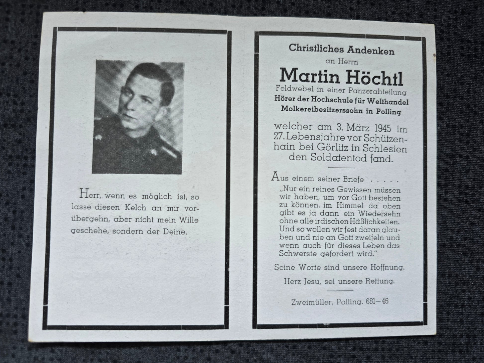 Sterbebild Feldwebel Polling Panzer Regt. Endkampf Schützenhain Görlitz Schlesien - www.mmilitaria.com