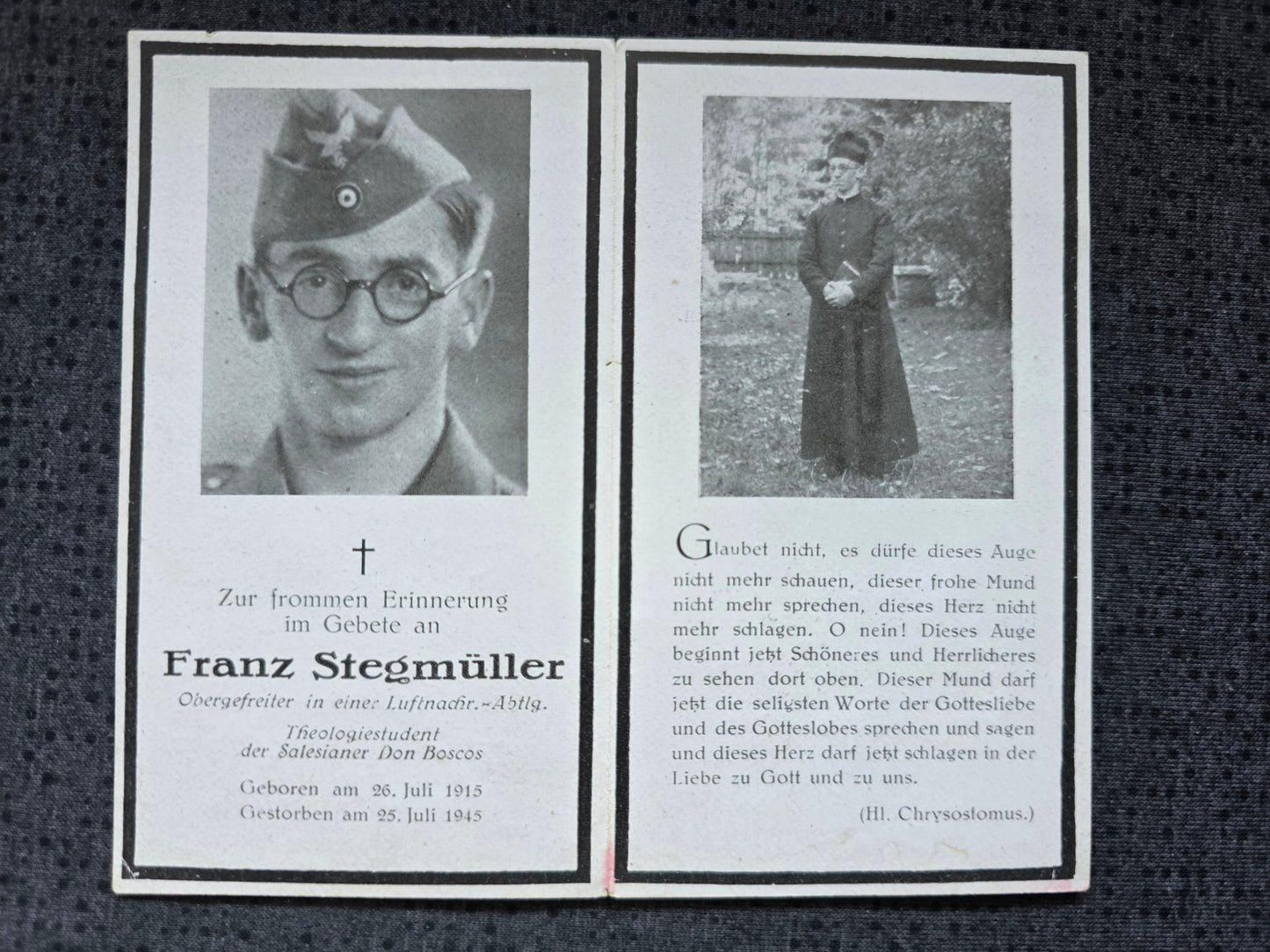 Sterbebild Obergefreiter Luft-Nachrichten Abt. Salesianer Don Bosco - www.mmilitaria.com