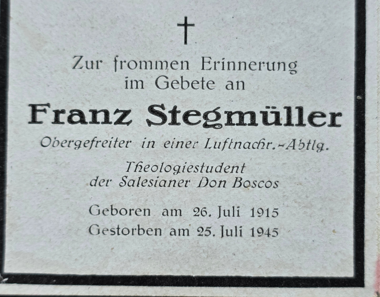 Sterbebild Obergefreiter Luft-Nachrichten Abt. Salesianer Don Bosco - www.mmilitaria.com
