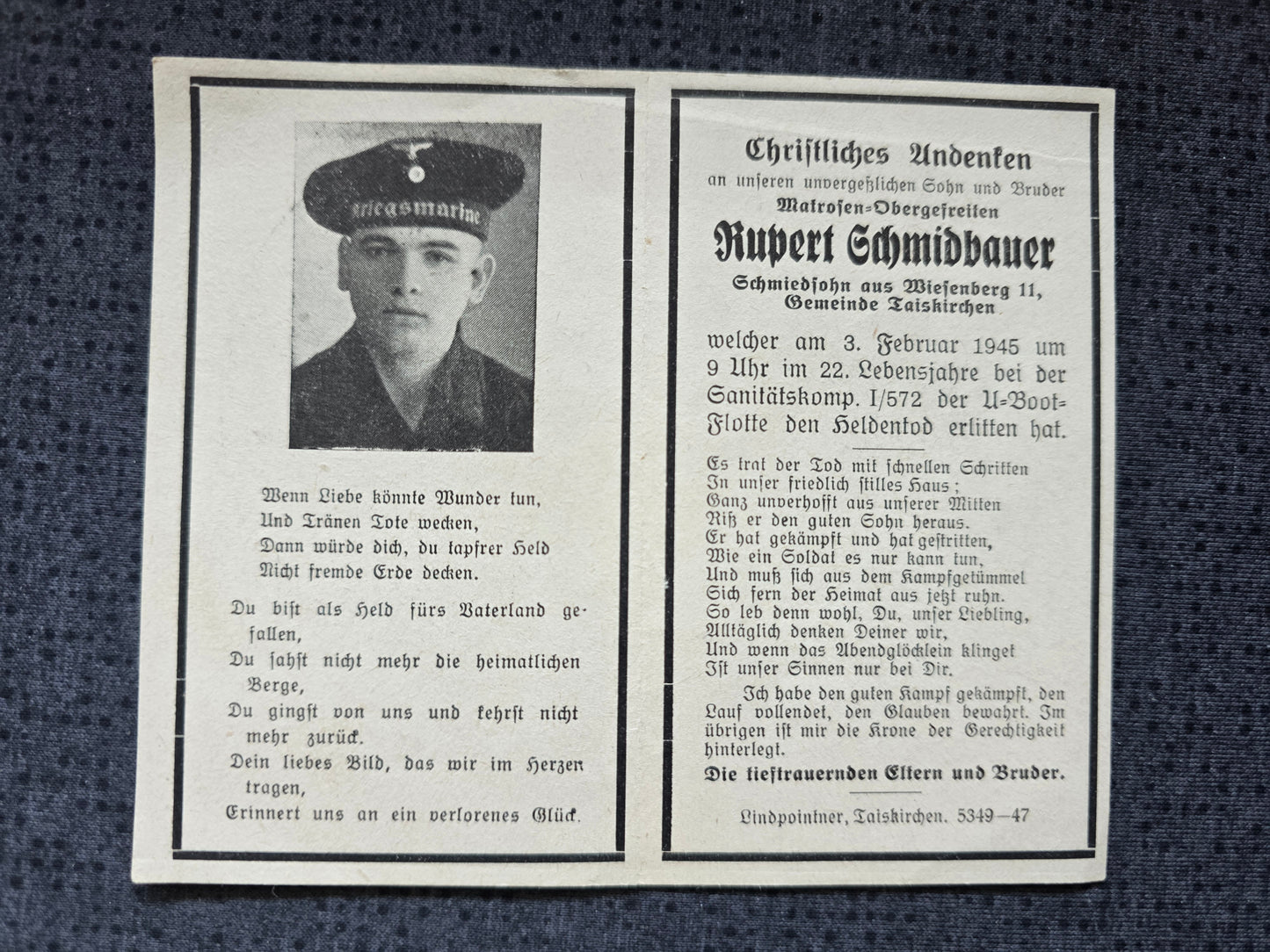 Sterbebild MtrOGfr Gunaburg Ried San.Komp.1/572 der U-Boot Flotte Frauenburg Lettland - www.mmilitaria.com