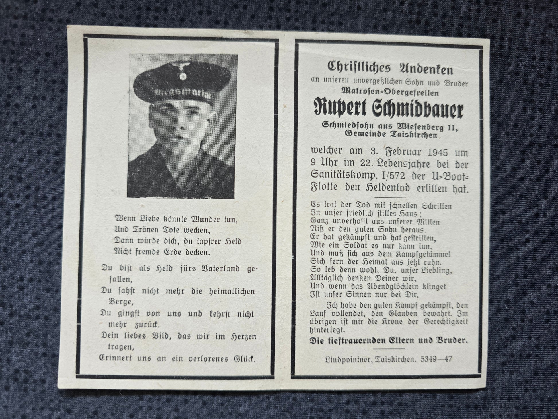 Sterbebild MtrOGfr Gunaburg Ried San.Komp.1/572 der U-Boot Flotte Frauenburg Lettland - www.mmilitaria.com