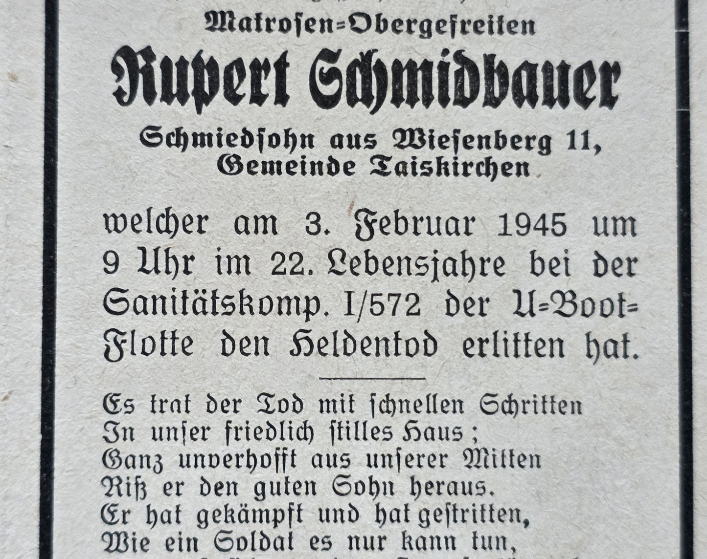 Sterbebild MtrOGfr Gunaburg Ried San.Komp.1/572 der U-Boot Flotte Frauenburg Lettland - www.mmilitaria.com