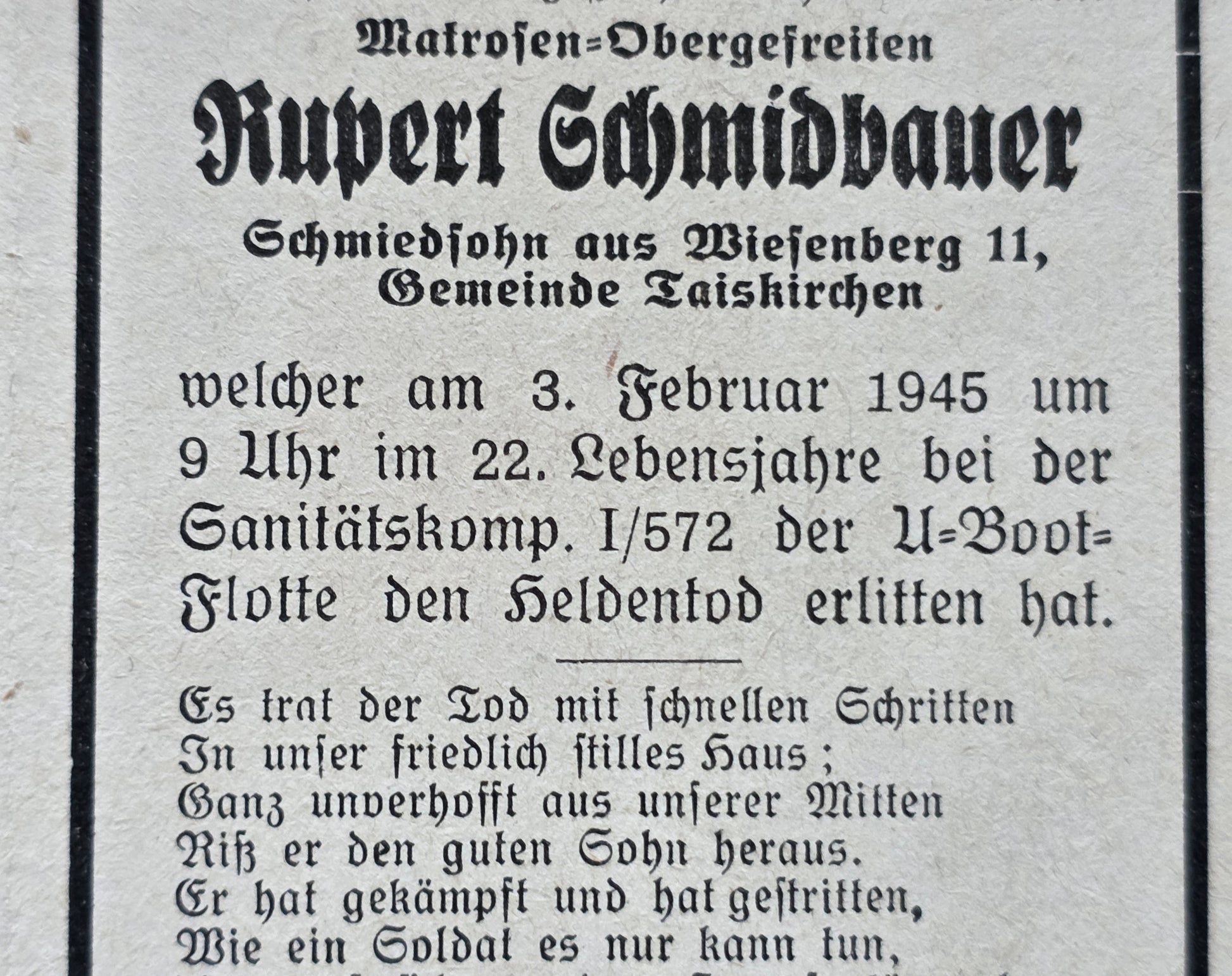 Sterbebild MtrOGfr Gunaburg Ried San.Komp.1/572 der U-Boot Flotte Frauenburg Lettland - www.mmilitaria.com