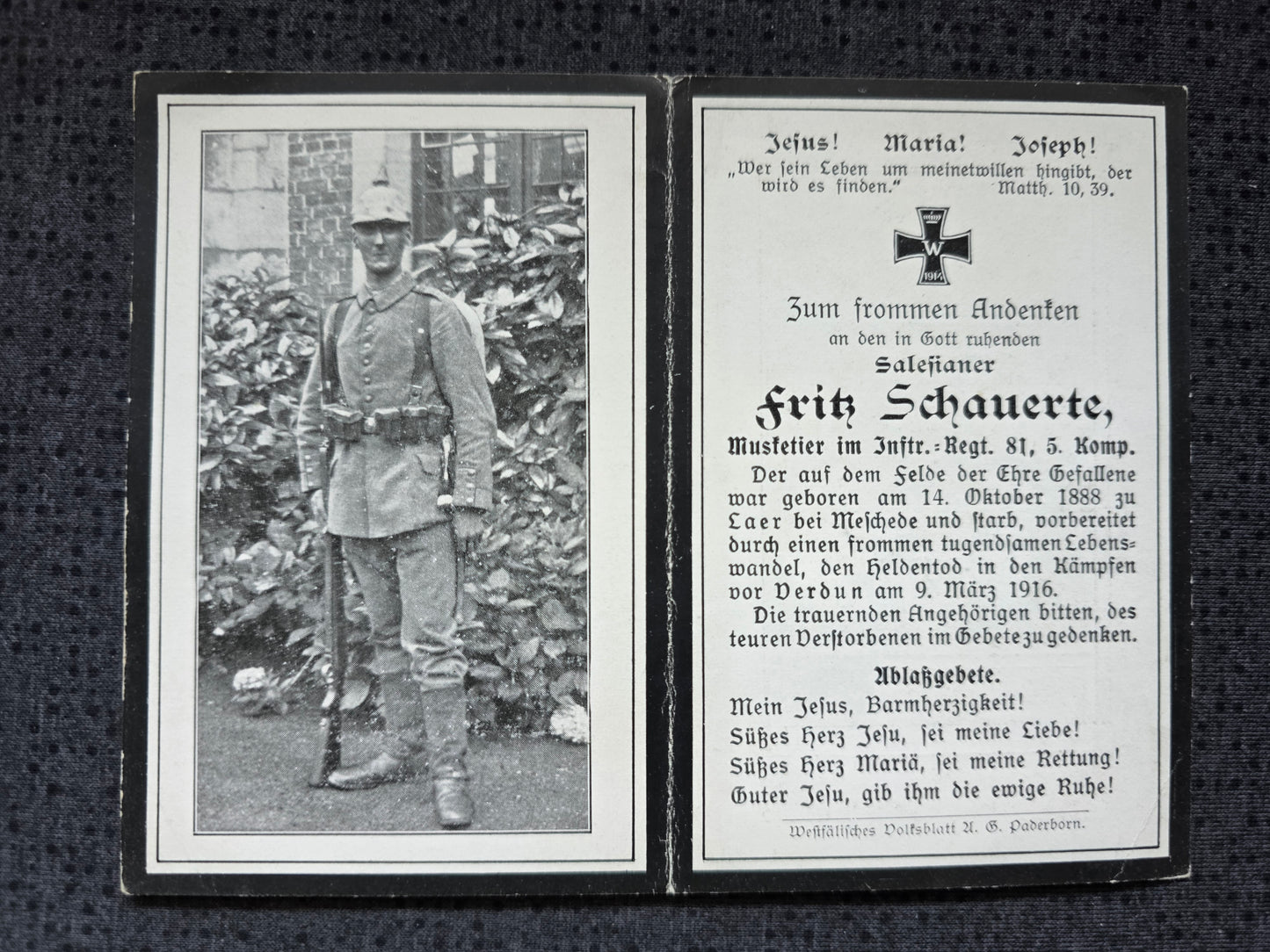 Sterbebild Musketier Meschede 5. Komp. Inf. Regt. 81 Verdun Frankreich - www.mmilitaria.com
