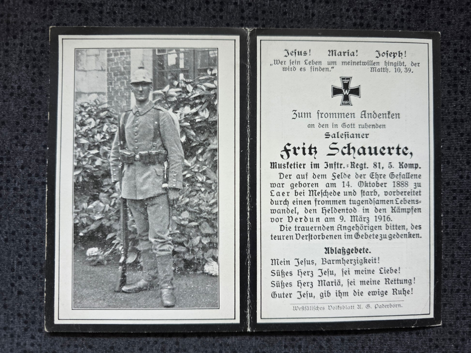 Sterbebild Musketier Meschede 5. Komp. Inf. Regt. 81 Verdun Frankreich - www.mmilitaria.com