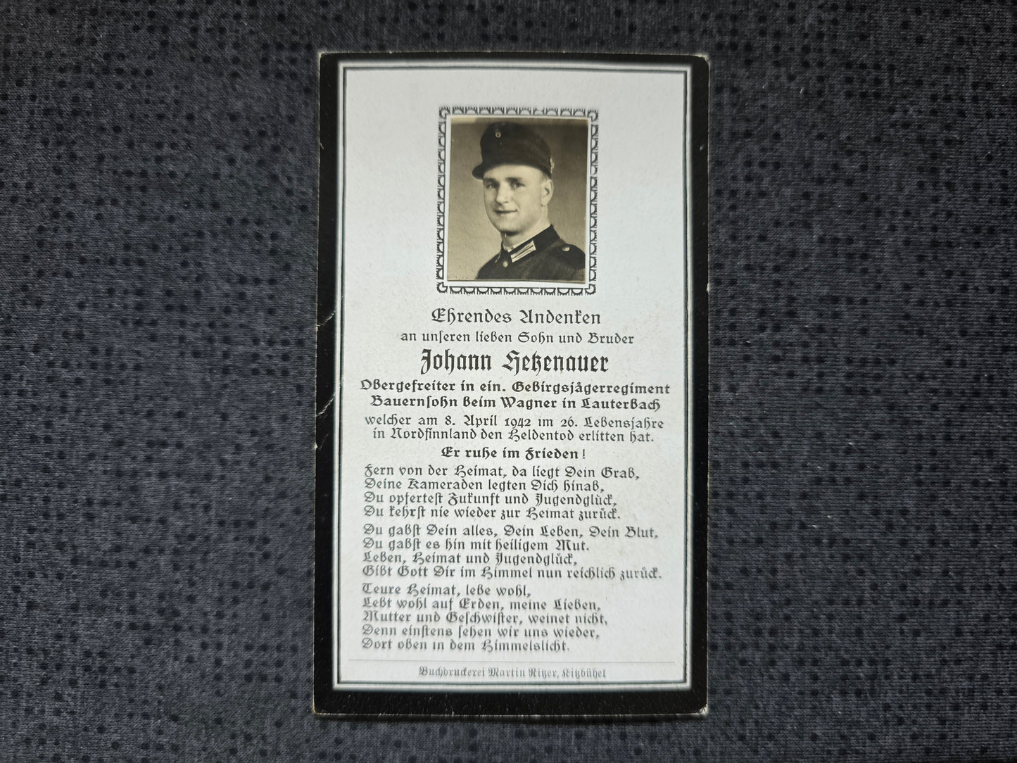Sterbebild Obergefreiter Lauterbach Gebirgsjäger Regt. Echtfoto Finnland - www.mmilitaria.com