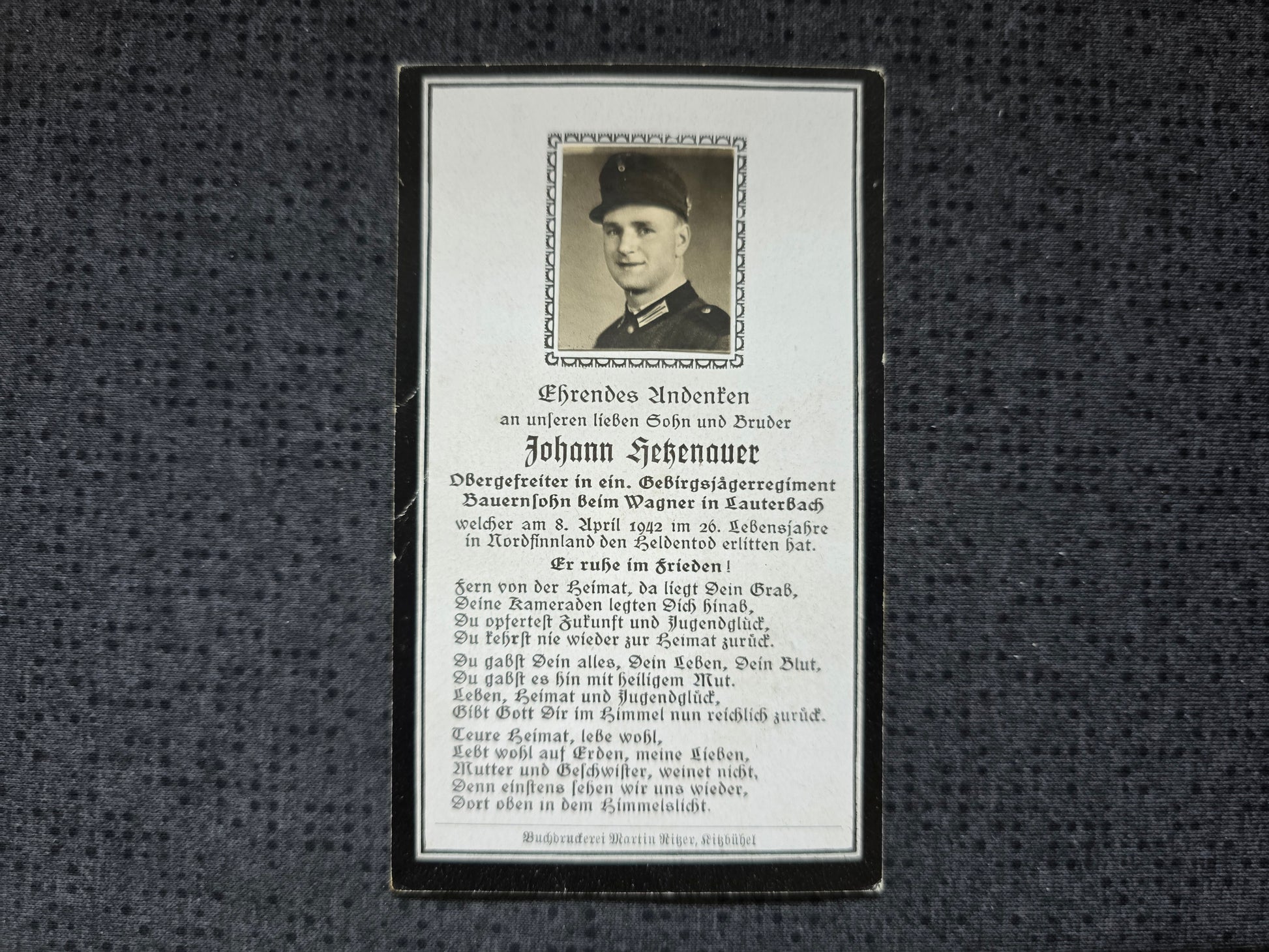 Sterbebild Obergefreiter Lauterbach Gebirgsjäger Regt. Echtfoto Finnland - www.mmilitaria.com