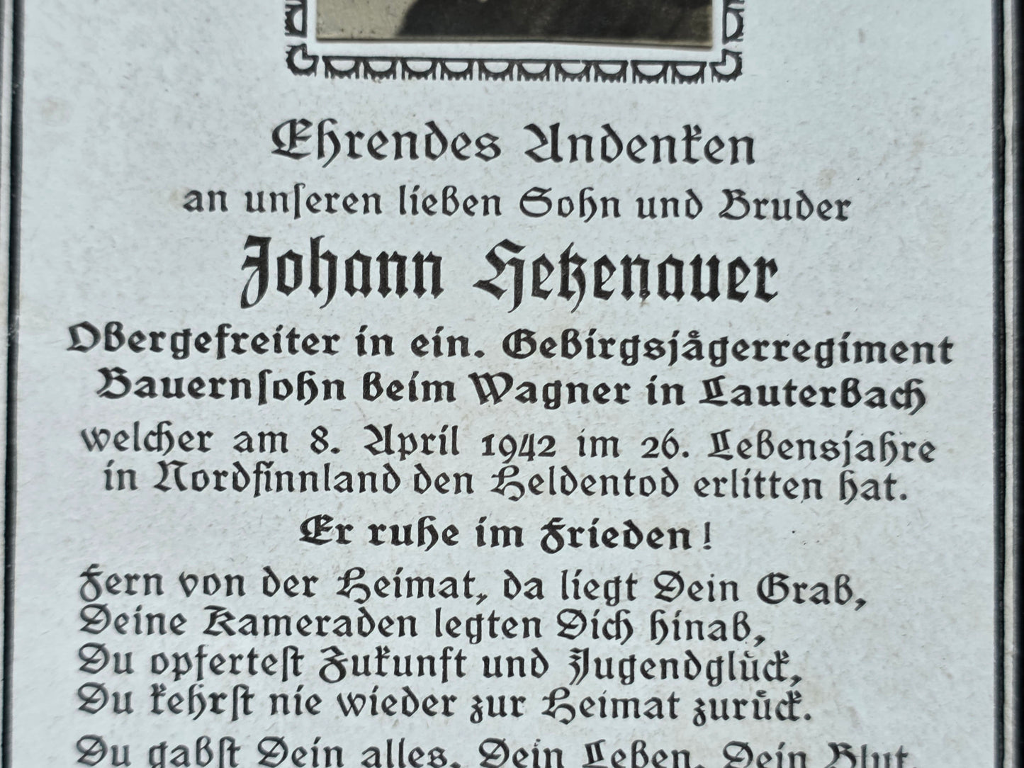 Sterbebild Obergefreiter Lauterbach Gebirgsjäger Regt. Echtfoto Finnland - www.mmilitaria.com