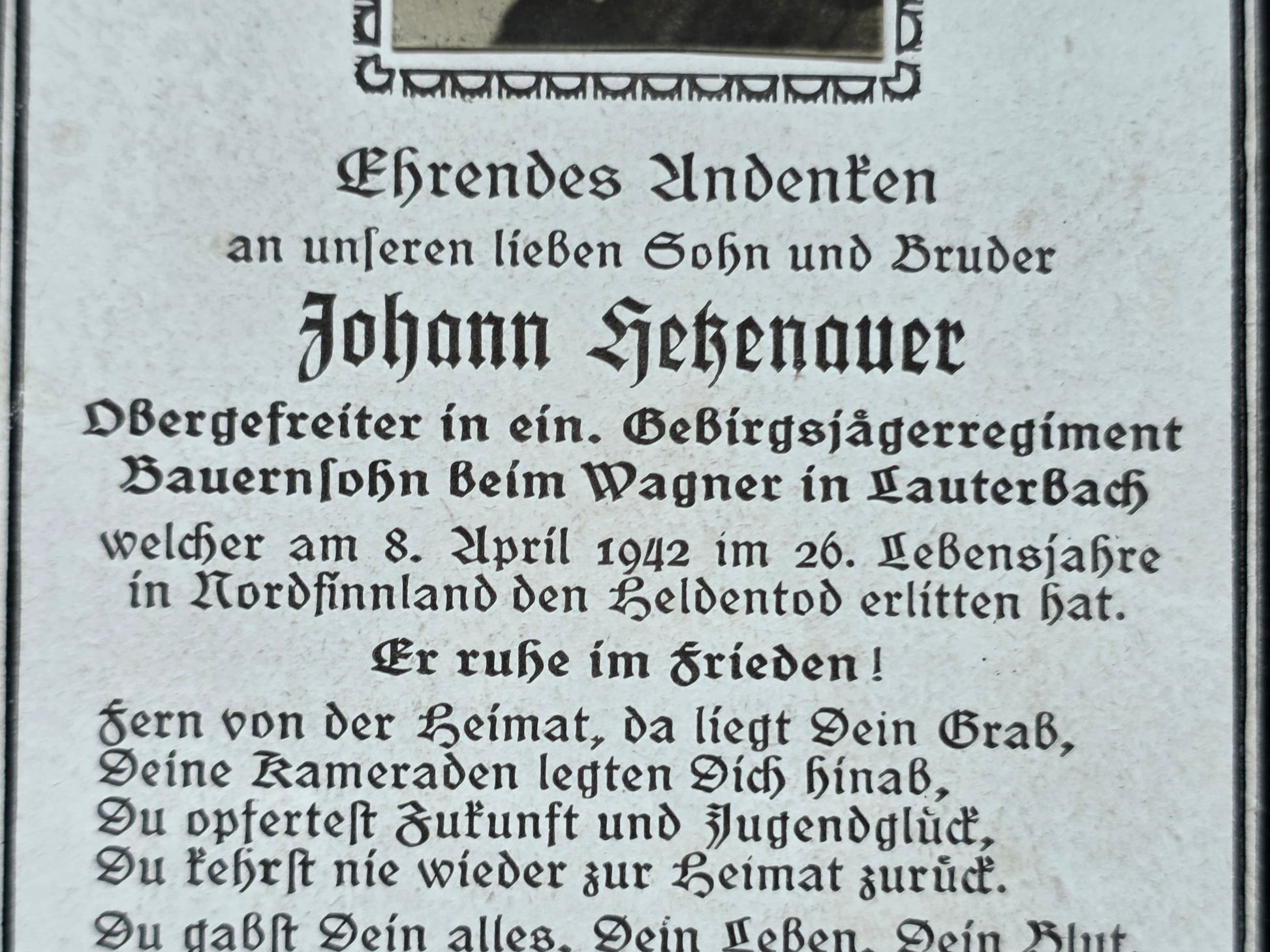 Sterbebild Obergefreiter Lauterbach Gebirgsjäger Regt. Echtfoto Finnland - www.mmilitaria.com