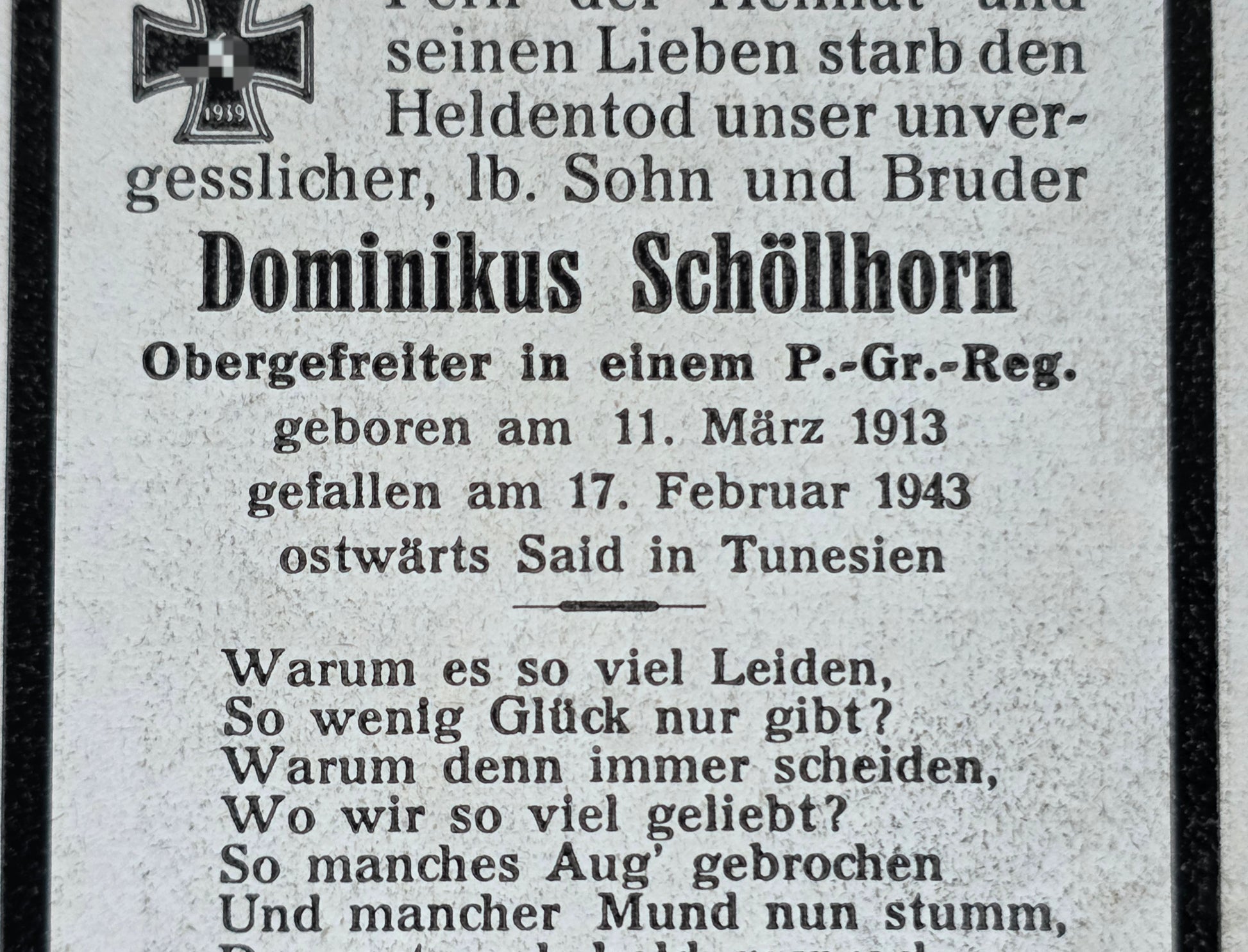 Sterbebild Obergefreiter Probstried 1. Pz.-Gren. Regt. 104 DAK Faïd Tunesien Afrika - www.mmilitaria.com