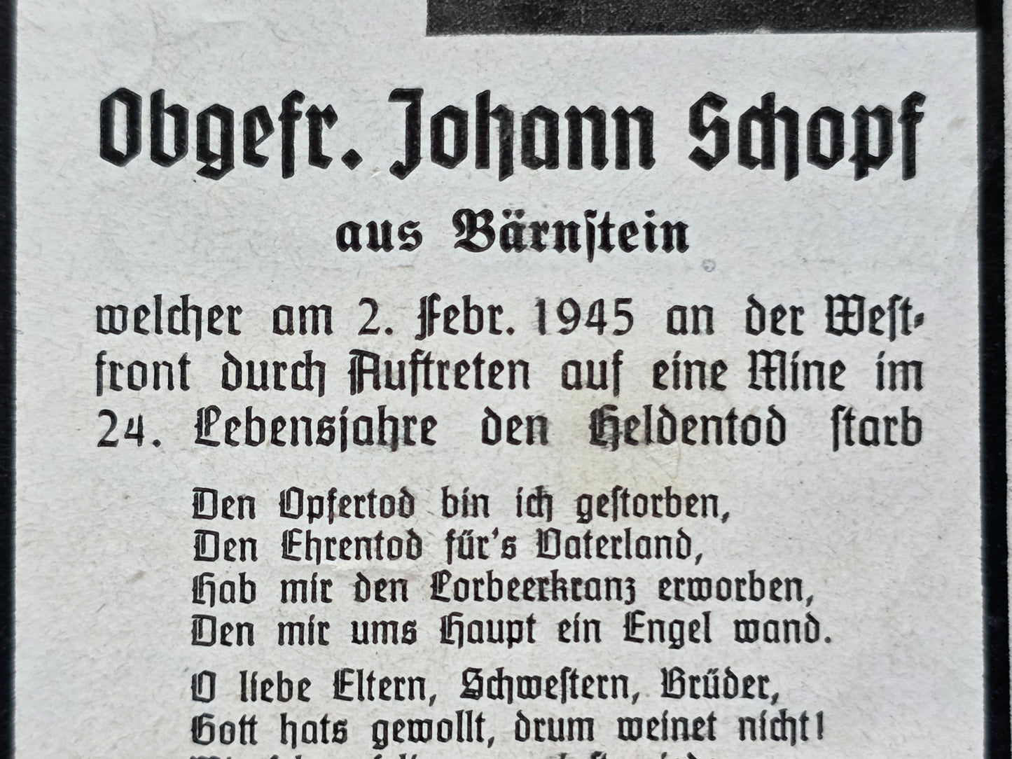 Sterbebild Obergefreiter Bernstein Endkampf Tod durch Mine Sandweiler Luxemburg - www.mmilitaria.com