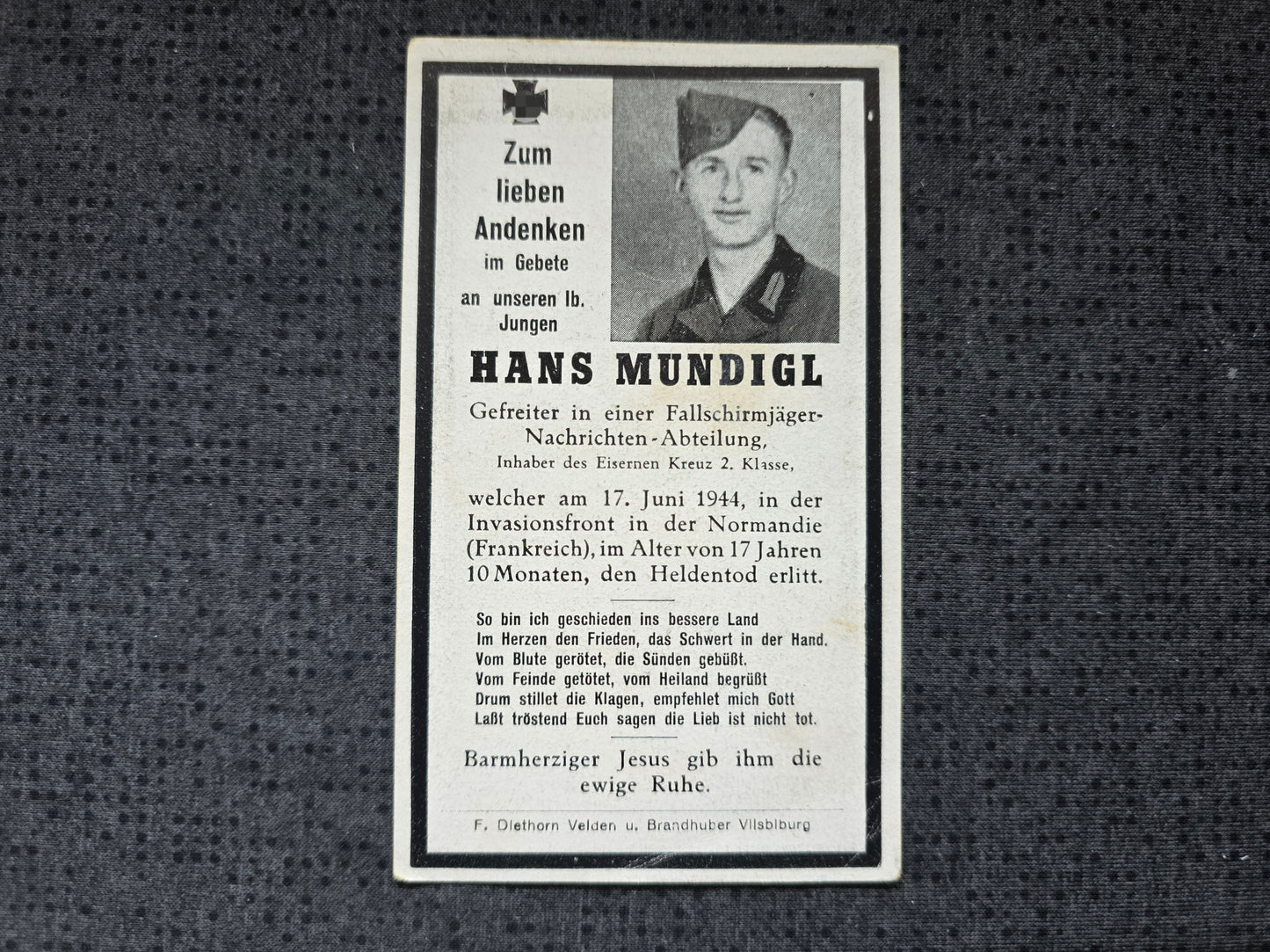 Sterbebild Gefreiter Bodenkirchen Fallschirmjäger Regt. Méautis Normandie Frankreich - www.mmilitaria.com