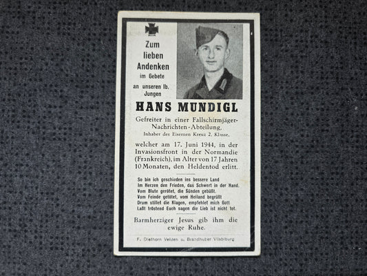 Sterbebild Gefreiter Bodenkirchen Fallschirmjäger Regt. Méautis Normandie Frankreich - www.mmilitaria.com