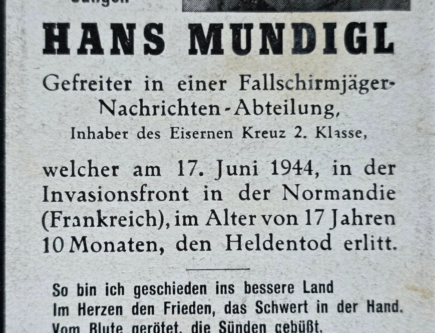 Sterbebild Gefreiter Bodenkirchen Fallschirmjäger Regt. Méautis Normandie Frankreich - www.mmilitaria.com