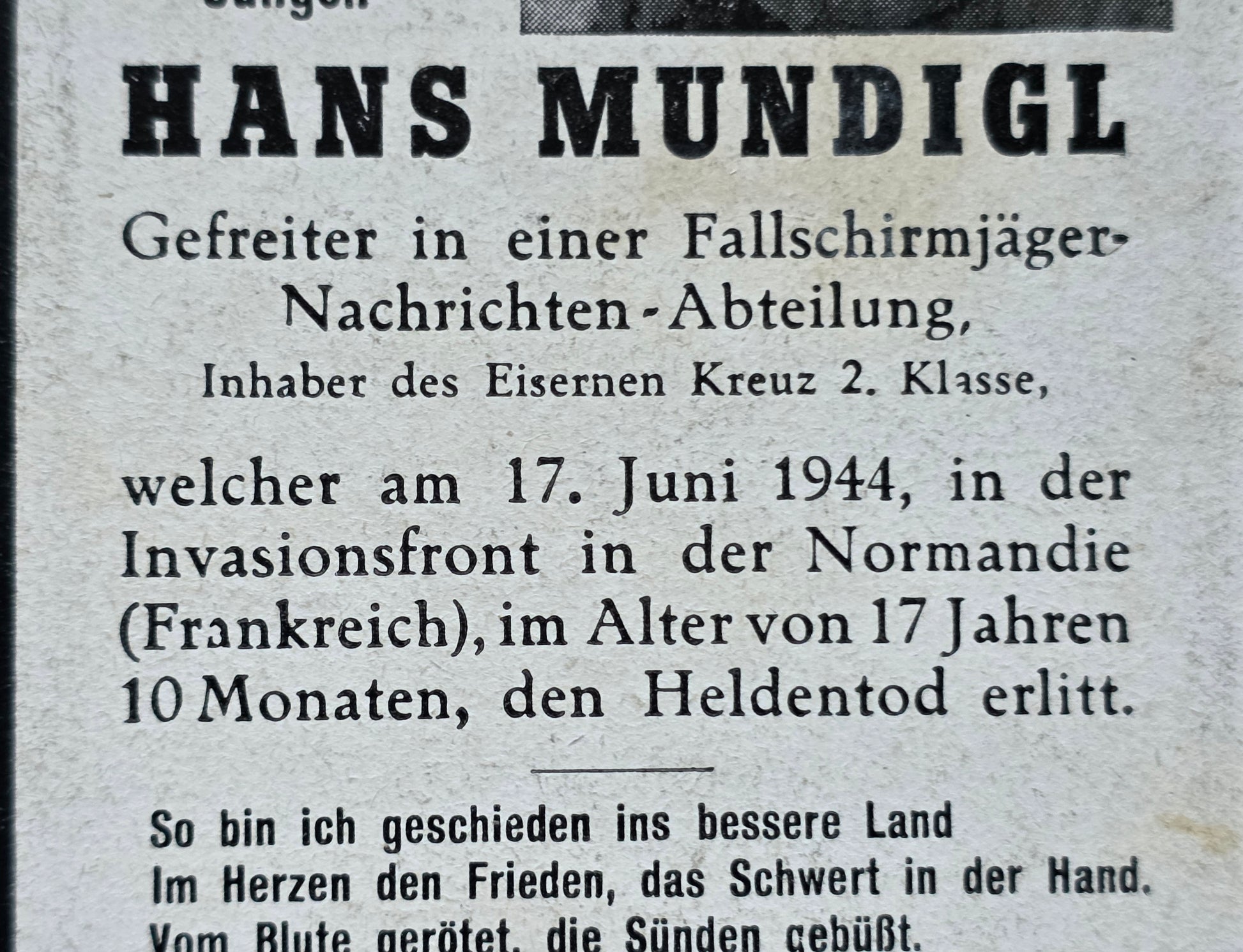 Sterbebild Gefreiter Bodenkirchen Fallschirmjäger Regt. Méautis Normandie Frankreich - www.mmilitaria.com
