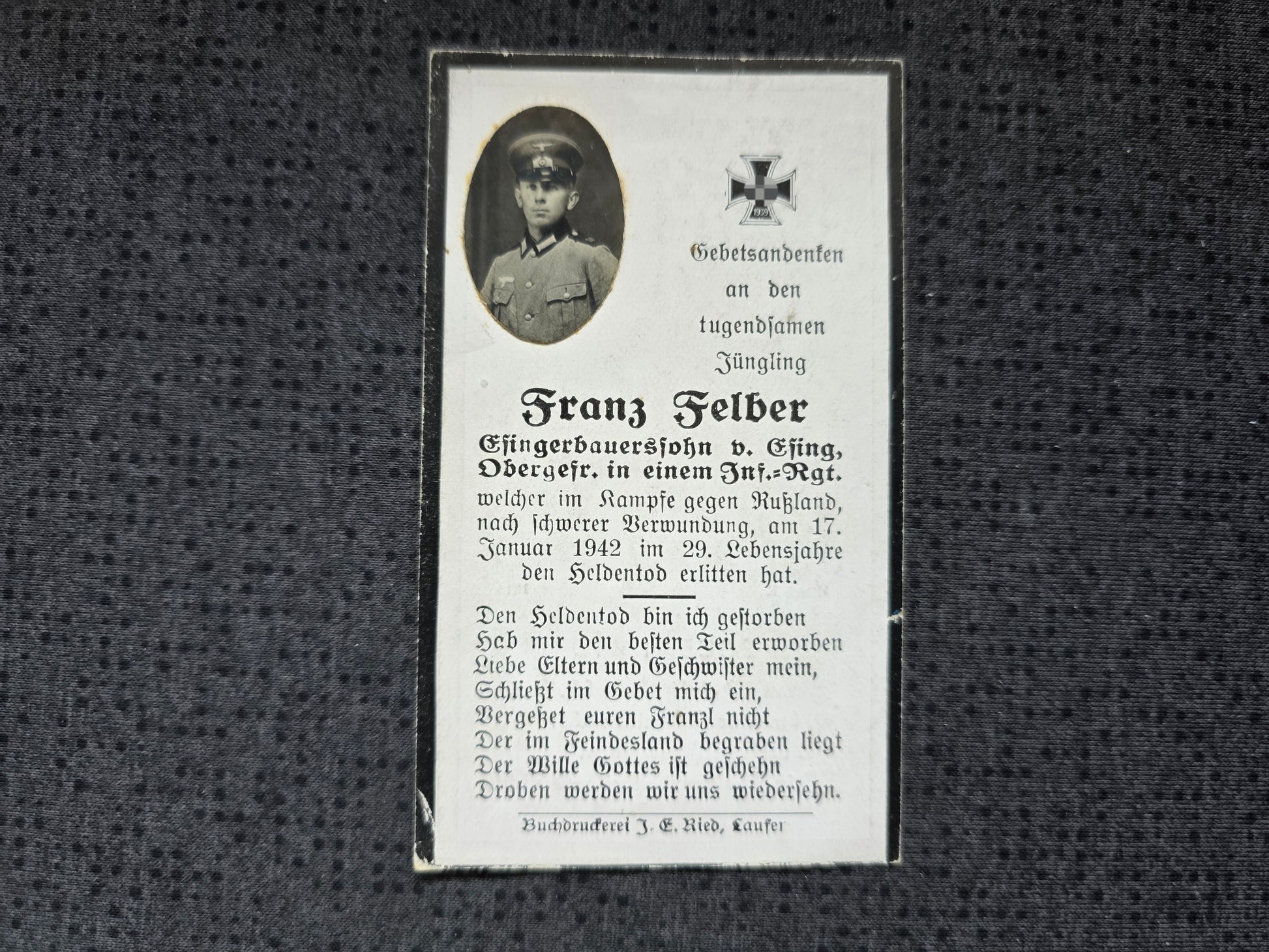 Sterbebild Obergefreiter Esing Infanterie Regt. Echtfoto Russland - www.mmilitaria.com