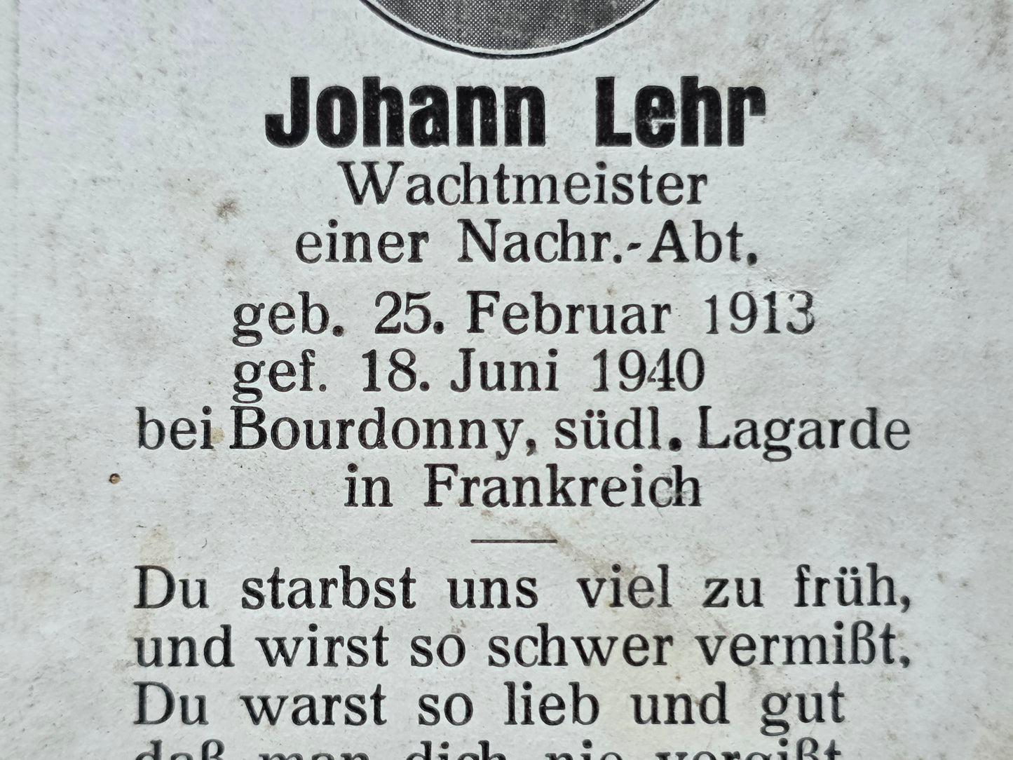 Sterbebild Wachtmeister München 1. Komp. Nachrichten Abt. 268 Bourdonnay Lagarde Frankreich - www.mmilitaria.com