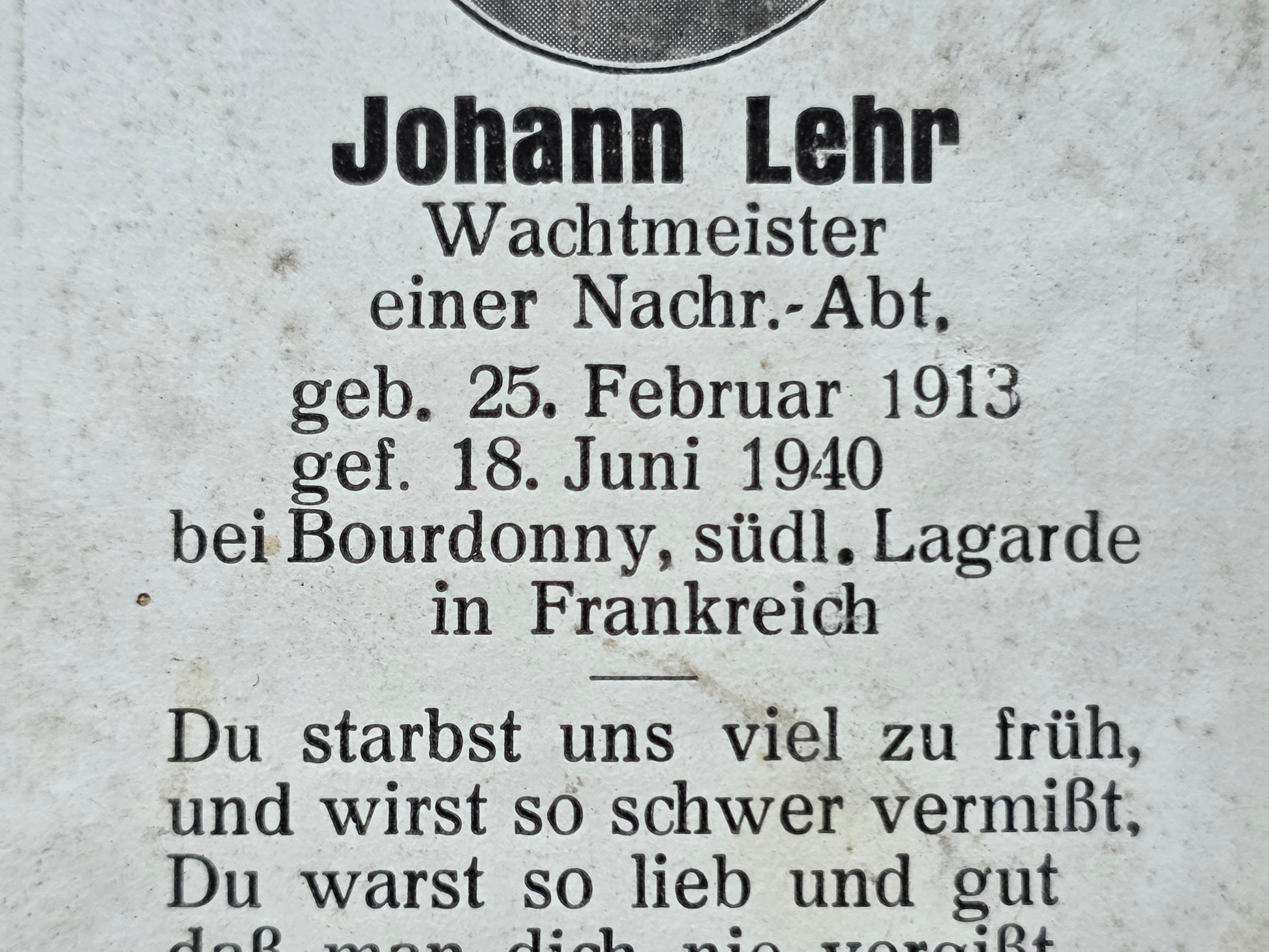 Sterbebild Wachtmeister München 1. Komp. Nachrichten Abt. 268 Bourdonnay Lagarde Frankreich - www.mmilitaria.com
