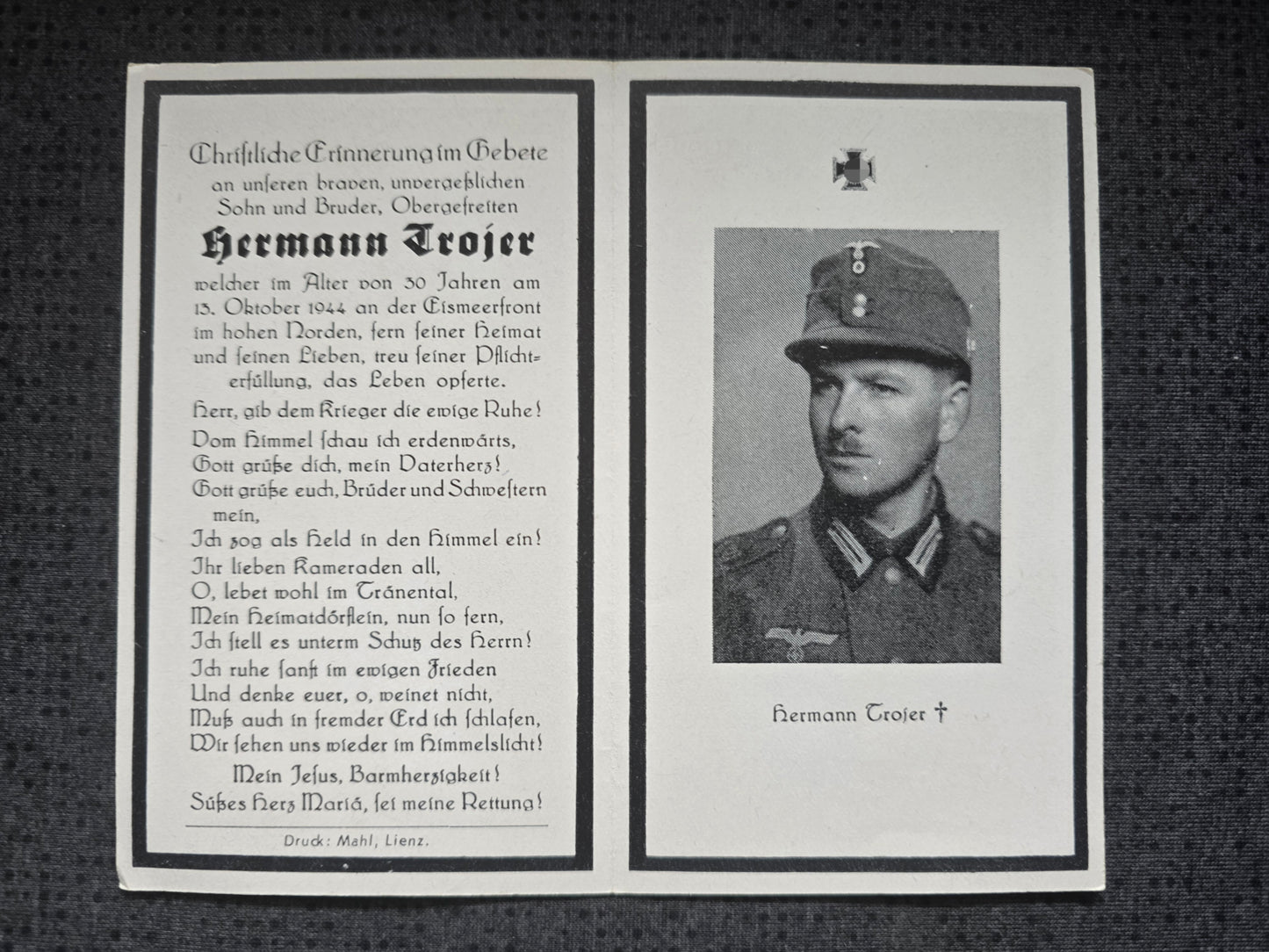 Sterbebild Obergefreiter Austervillgraten 7. Gebirgsjäger Regt. 143 Petsamo Eismeerfront Finnland - www.mmilitaria.com
