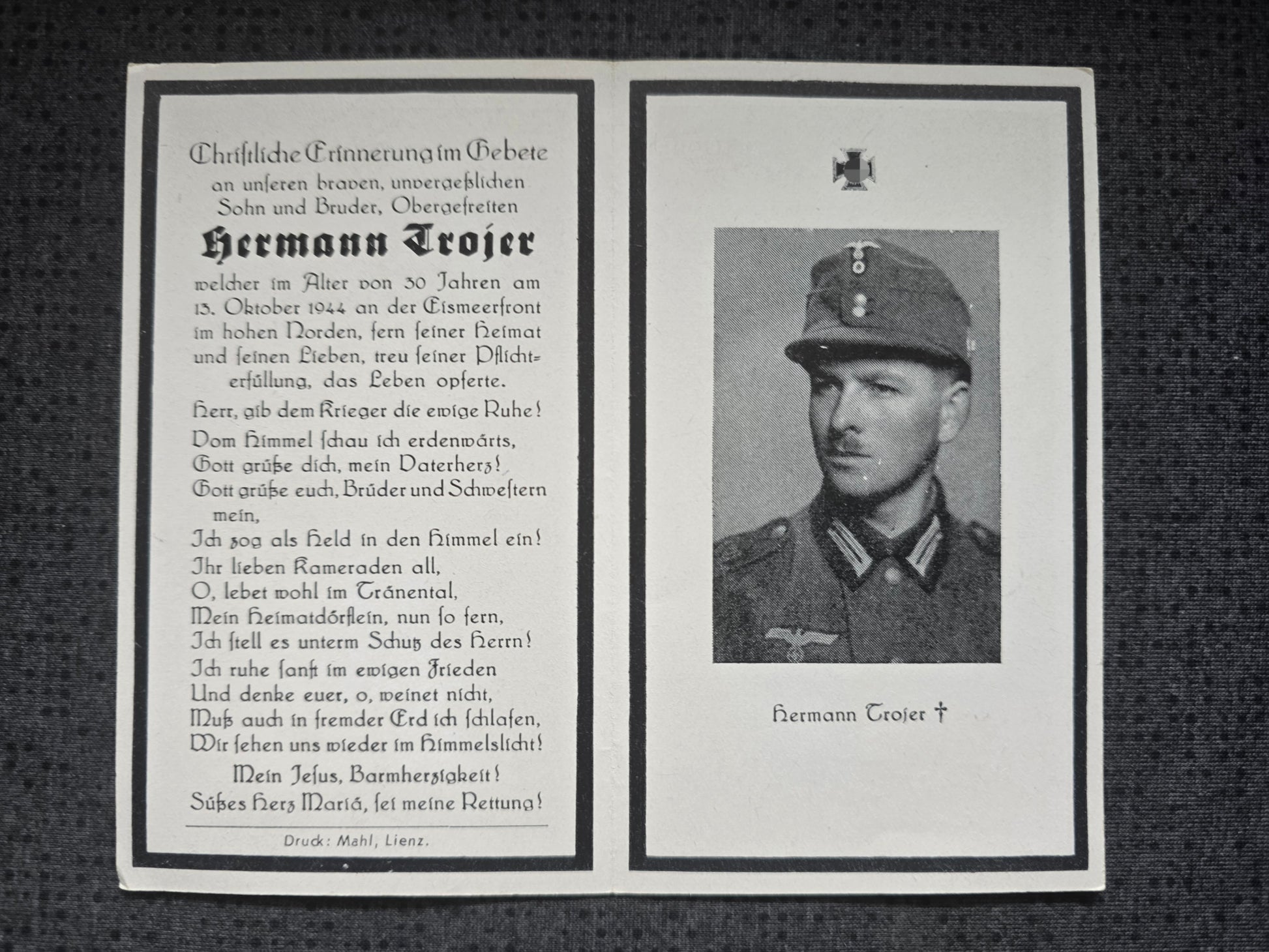 Sterbebild Obergefreiter Austervillgraten 7. Gebirgsjäger Regt. 143 Petsamo Eismeerfront Finnland - www.mmilitaria.com