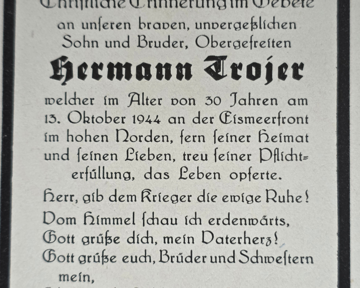 Sterbebild Obergefreiter Austervillgraten 7. Gebirgsjäger Regt. 143 Petsamo Eismeerfront Finnland - www.mmilitaria.com