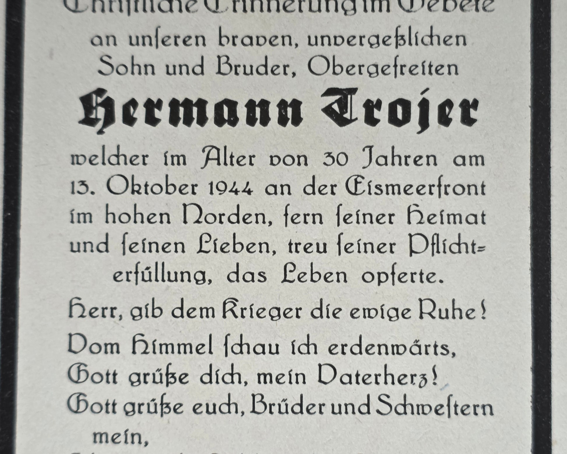 Sterbebild Obergefreiter Austervillgraten 7. Gebirgsjäger Regt. 143 Petsamo Eismeerfront Finnland - www.mmilitaria.com