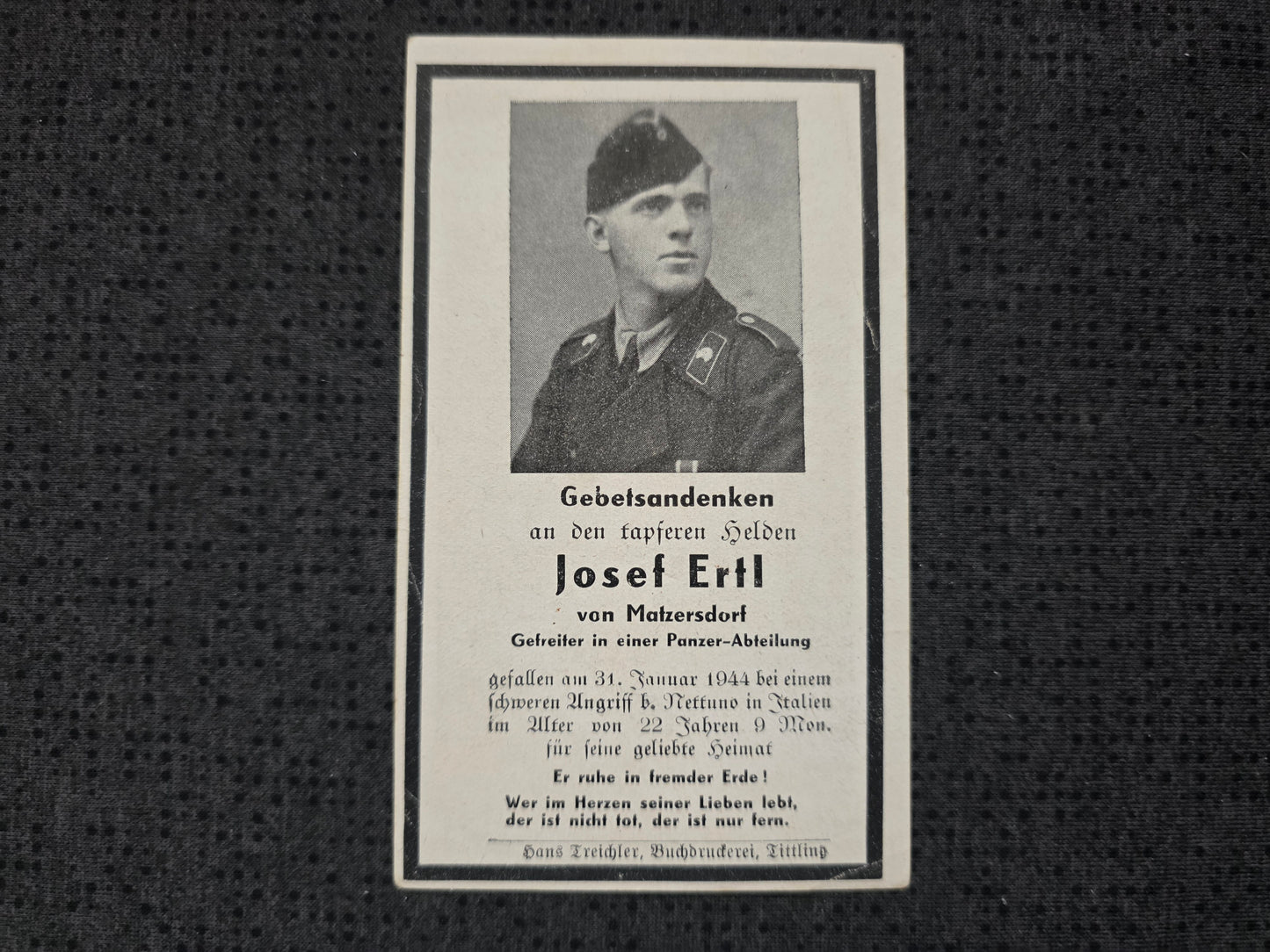 Sterbebild Gefreiter Matzersdorf 7. Komp. Panzer Regt. 26 Cisterna Nettuno Italien