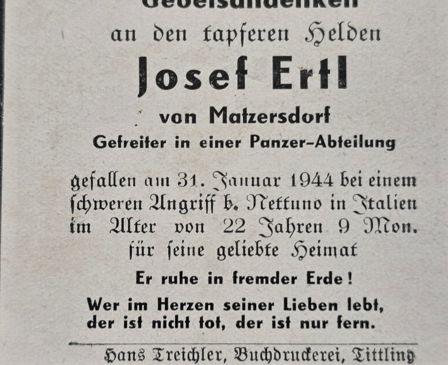 Sterbebild Gefreiter Matzersdorf 7. Komp. Panzer Regt. 26 Cisterna Nettuno Italien