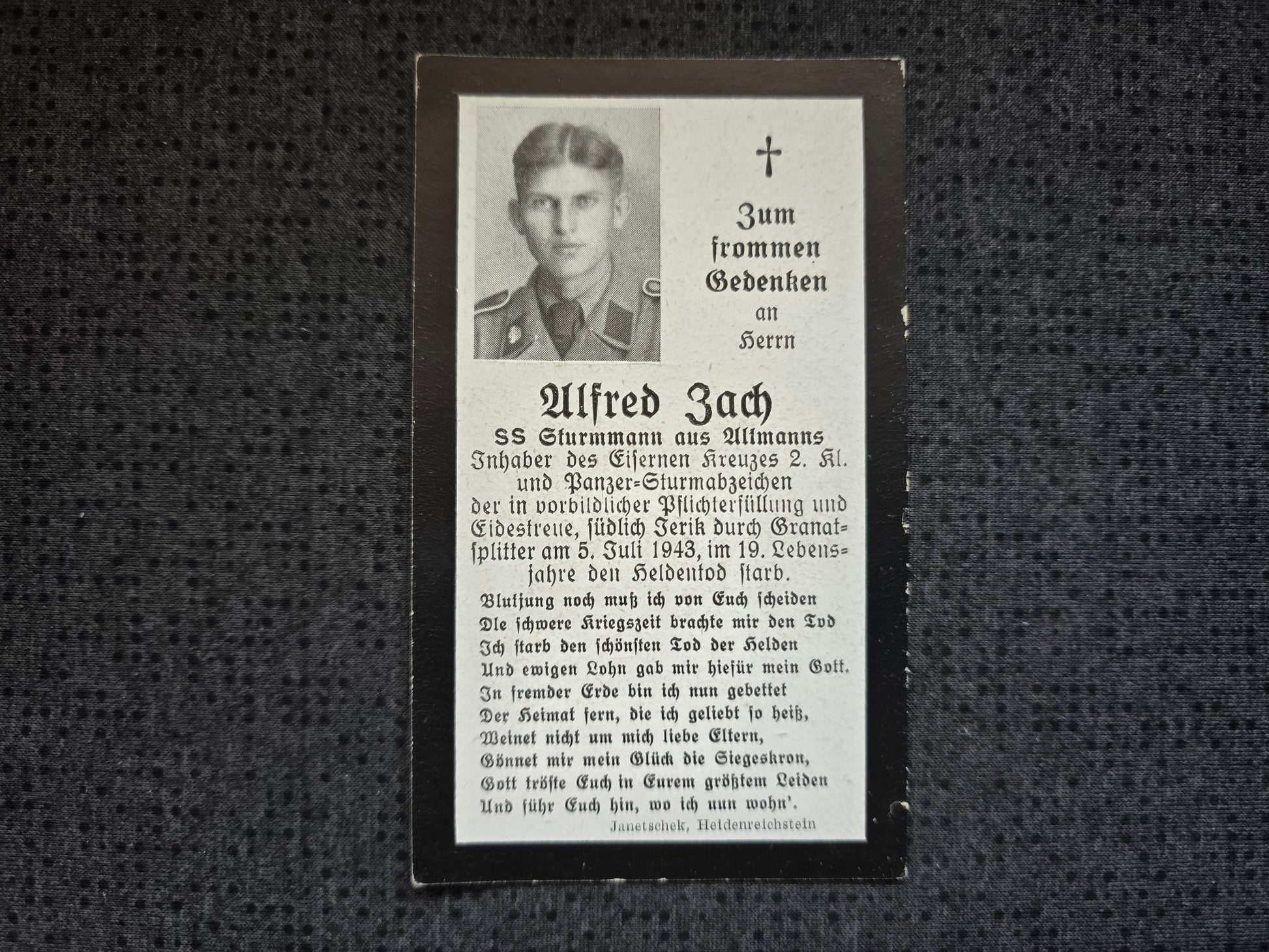 Sterbebild SS-Sturmmann Altmanns 5. Komp. SS-Panzer Gren. Regt. "Theodor Eicke" PSA Bjelgorod Russland - www.mmilitaria.com
