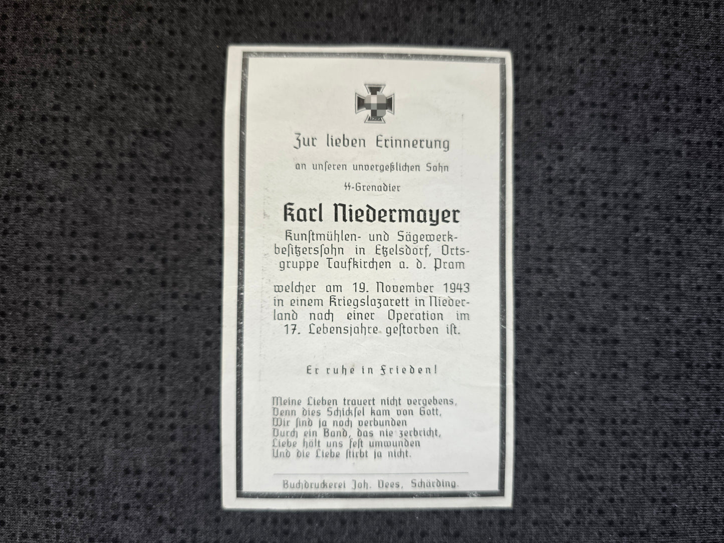 Sterbebild SS-Grenadier St. Florian 17 Jahre 4. SS-Gren. Feld Ersatz Btl. 4 Hertogenbosch Holland - www.mmilitaria.com