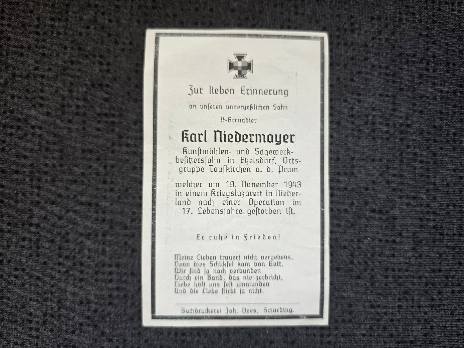 Sterbebild SS-Grenadier St. Florian 17 Jahre 4. SS-Gren. Feld Ersatz Btl. 4 Hertogenbosch Holland - www.mmilitaria.com