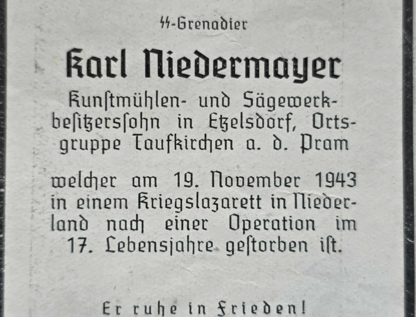 Sterbebild SS-Grenadier St. Florian 17 Jahre 4. SS-Gren. Feld Ersatz Btl. 4 Hertogenbosch Holland - www.mmilitaria.com