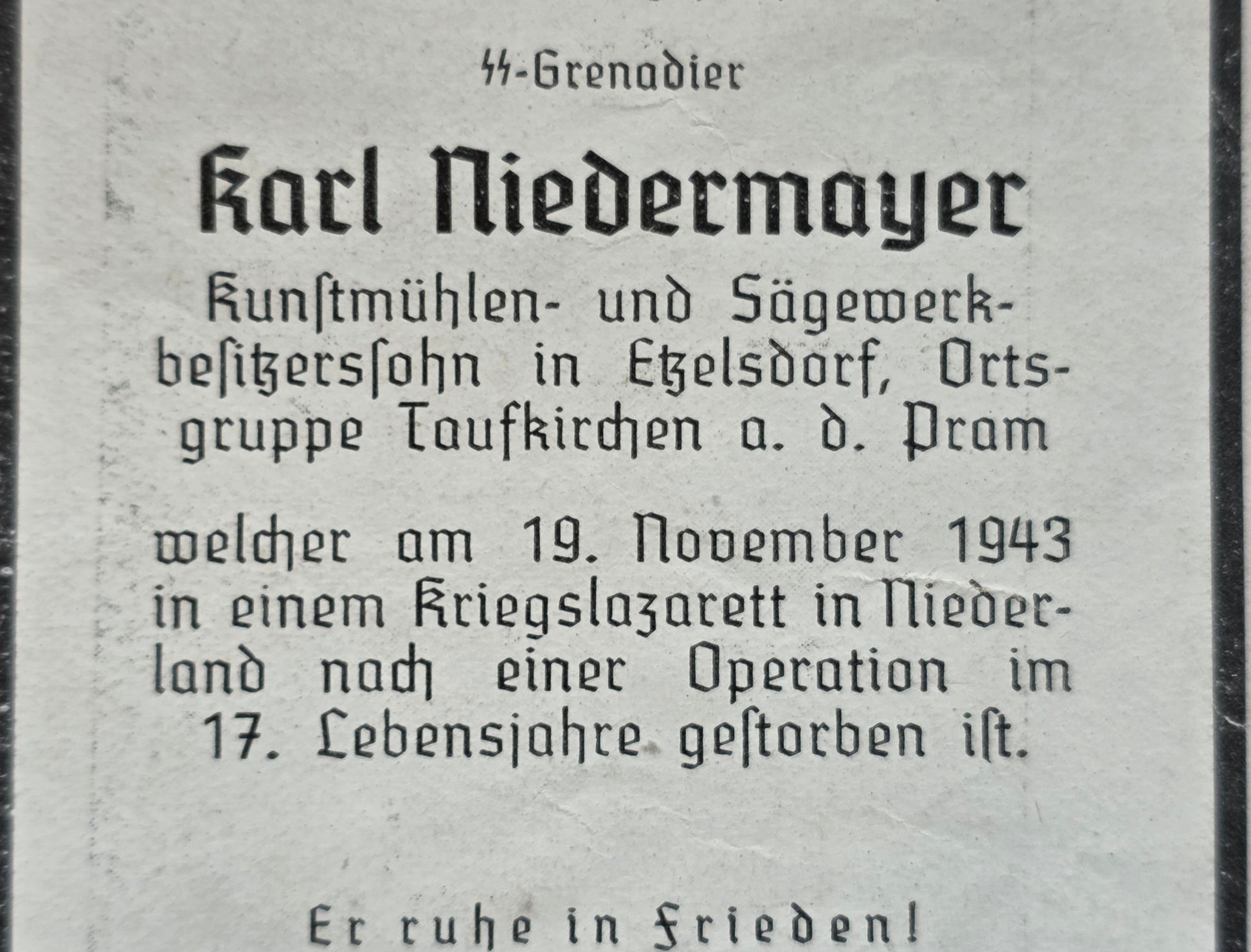 Sterbebild SS-Grenadier St. Florian 17 Jahre 4. SS-Gren. Feld Ersatz Btl. 4 Hertogenbosch Holland - www.mmilitaria.com