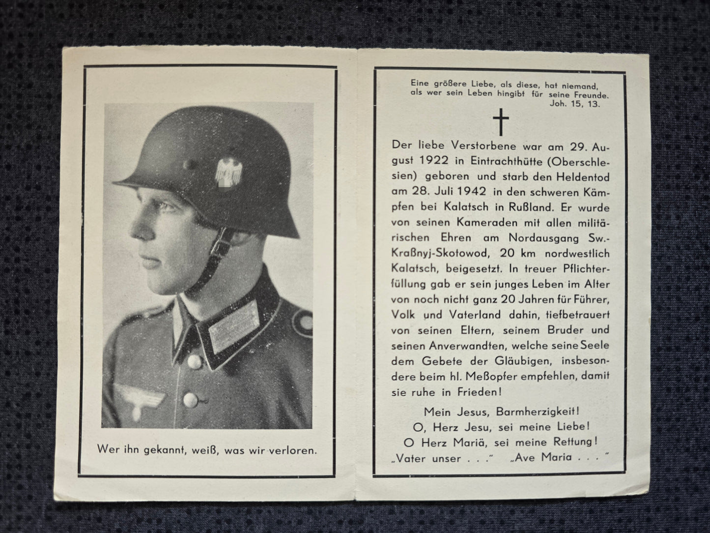 Sterbebild Gefreiter OA Eintrachthütte Gruppenführer Infanterie Regt. Kalatsch Russland - www.mmilitaria.com
