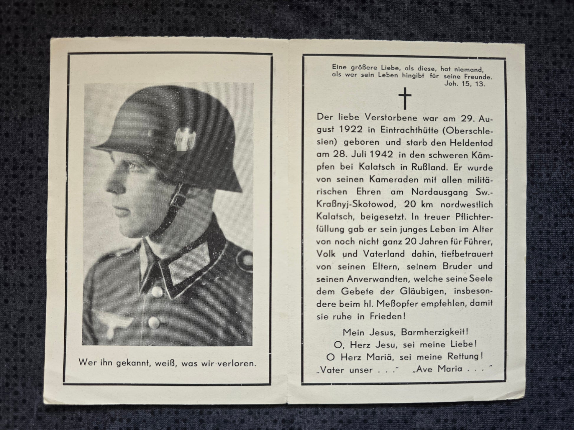 Sterbebild Gefreiter OA Eintrachthütte Gruppenführer Infanterie Regt. Kalatsch Russland - www.mmilitaria.com