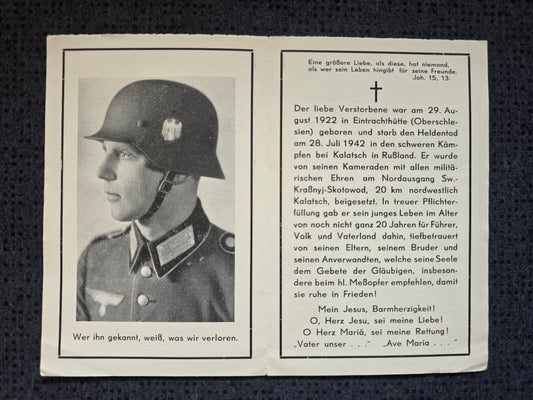 Sterbebild Gefreiter OA Eintrachthütte Gruppenführer Infanterie Regt. Kalatsch Russland - www.mmilitaria.com