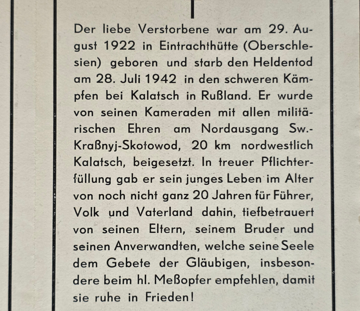 Sterbebild Gefreiter OA Eintrachthütte Gruppenführer Infanterie Regt. Kalatsch Russland - www.mmilitaria.com