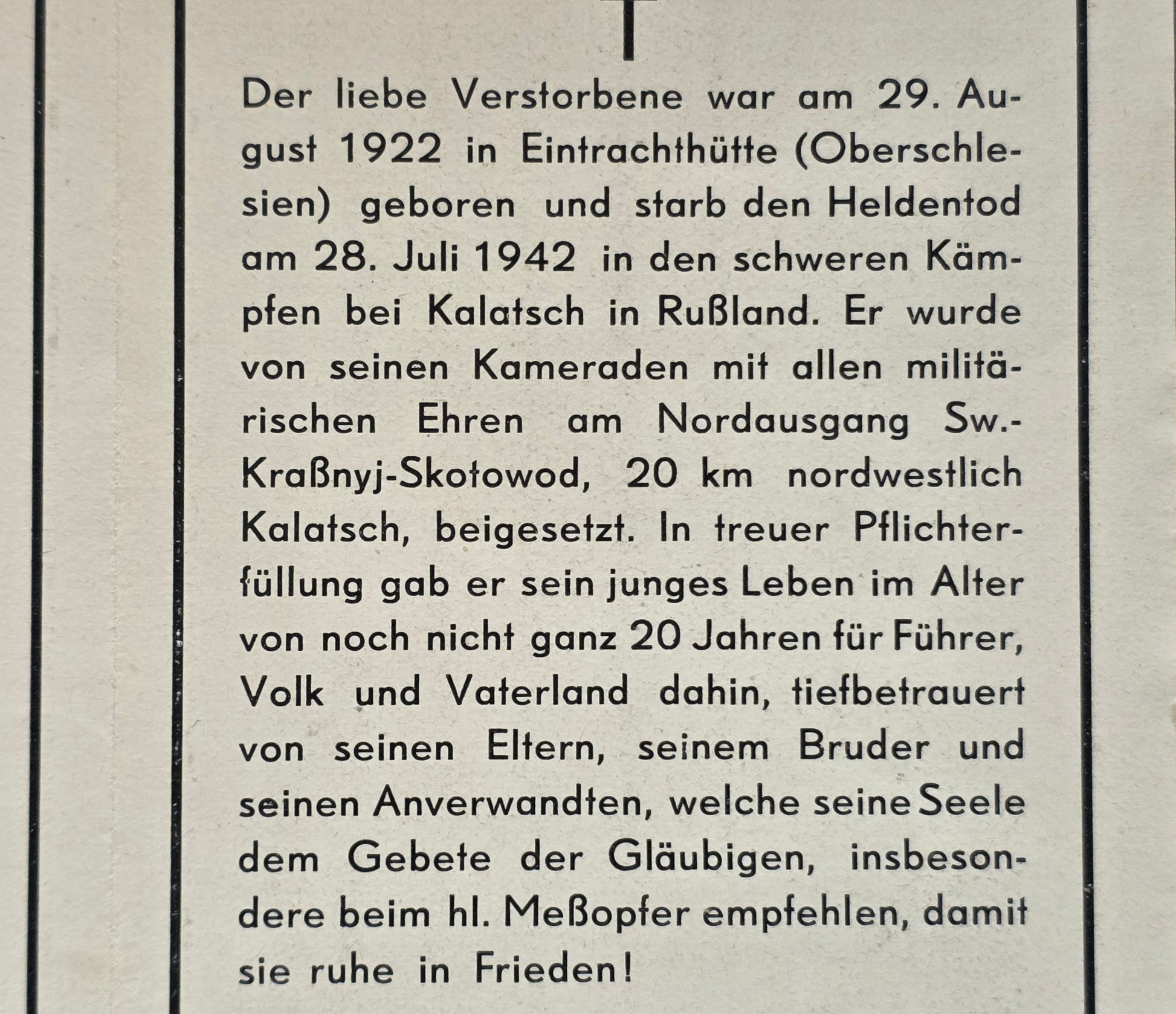Sterbebild Gefreiter OA Eintrachthütte Gruppenführer Infanterie Regt. Kalatsch Russland - www.mmilitaria.com
