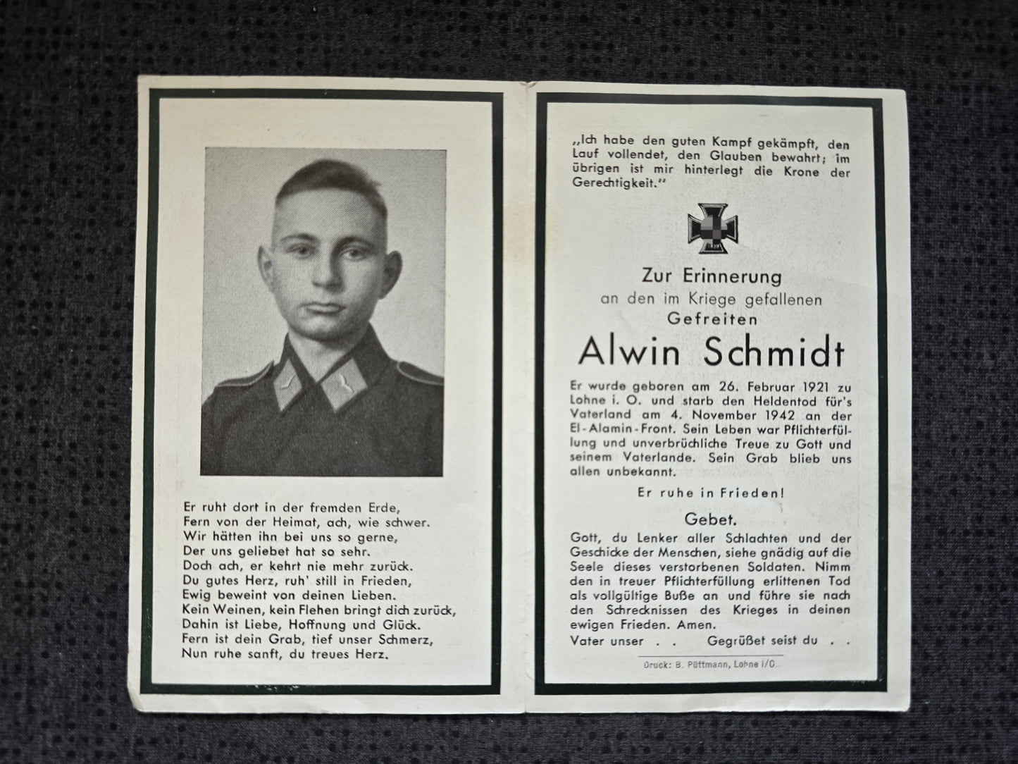Sterbebild Gefreiter Lohne 5. Batterie Flak Regt. 18 DAK El Alamein Ägypten Afrika - www.mmilitaria.com