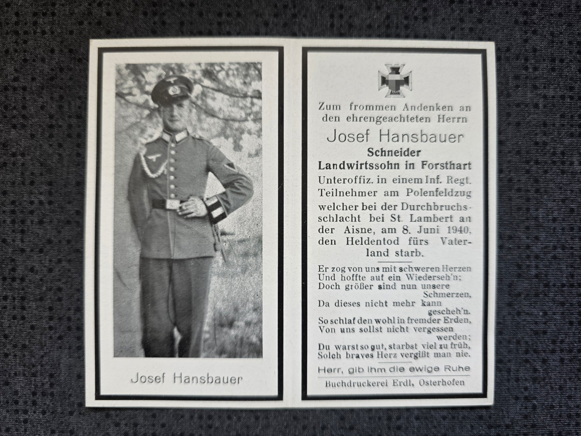 Sterbebild Unteroffizier Forsthart 6. Komp. Inf. Regt. 85 St. Lambert Aisne Frankreich - www.mmilitaria.com