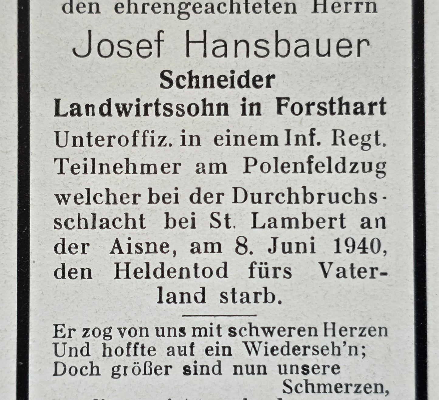 Sterbebild Unteroffizier Forsthart 6. Komp. Inf. Regt. 85 St. Lambert Aisne Frankreich - www.mmilitaria.com