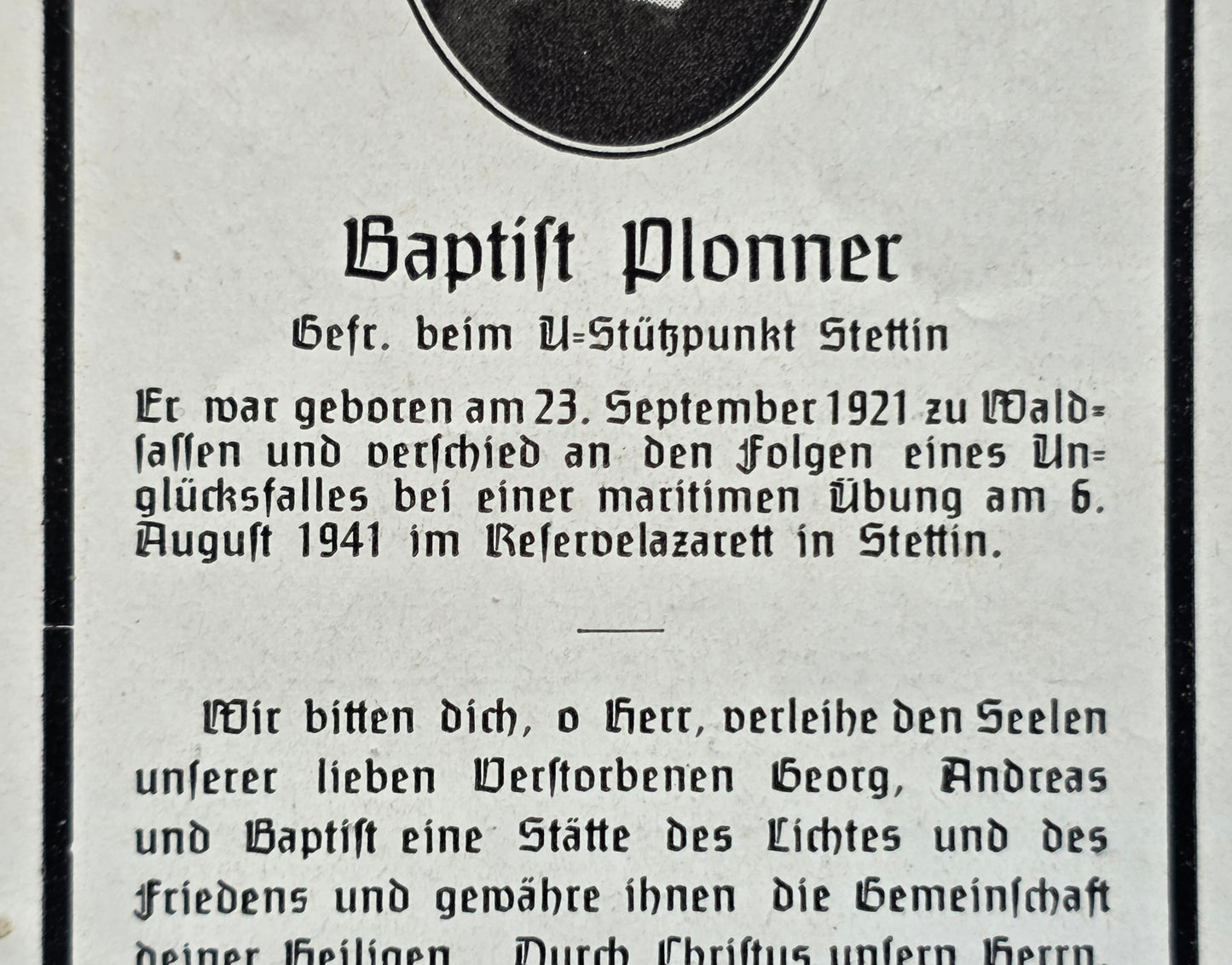 Sterbebild Gefreiter Waldsassen Gefreiter 4. U-Bootsflottille U-Boot Stützpunkt Stettin Polen - www.mmilitaria.com