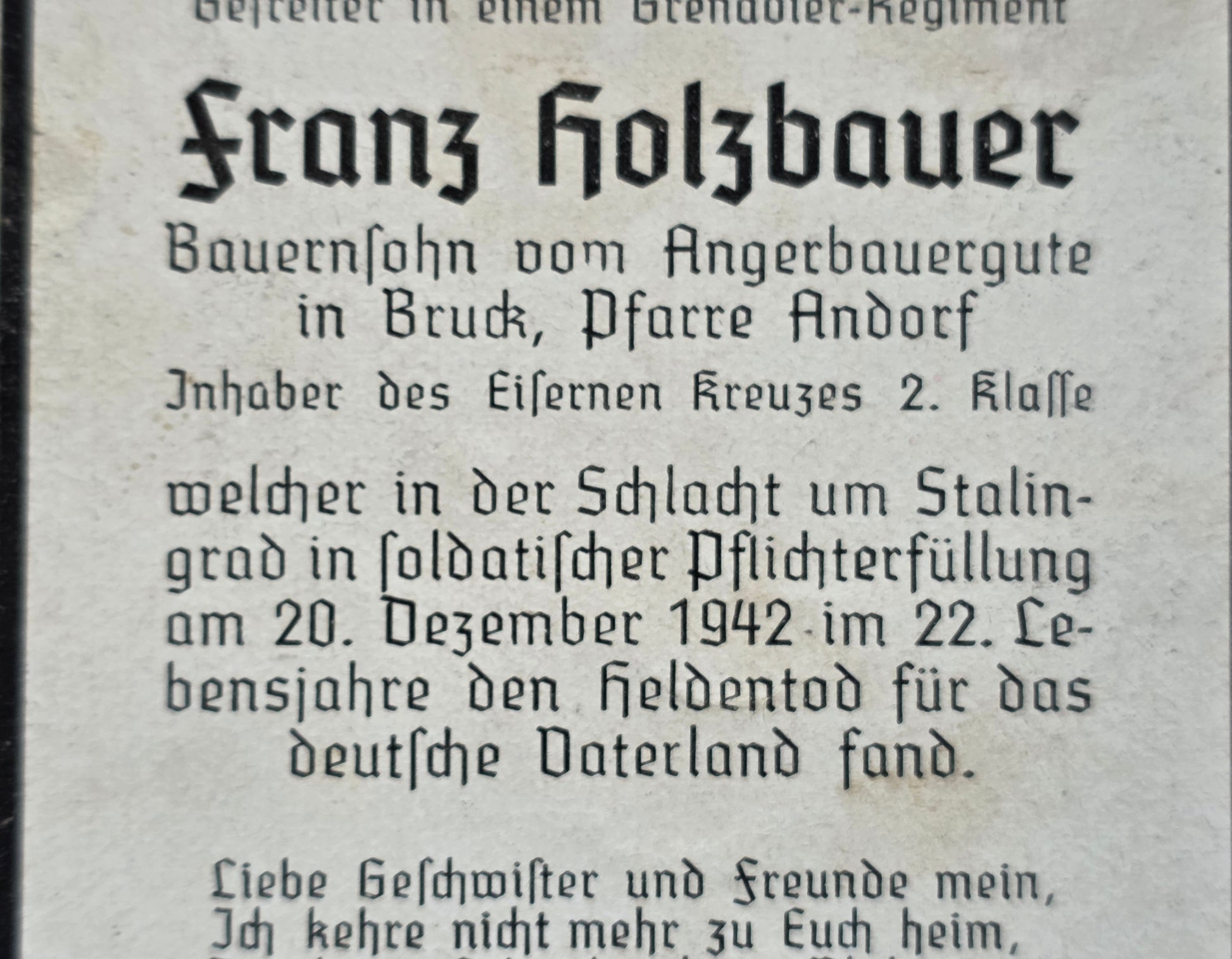Sterbebild Gefreiter Andorf Radfahr-Abt. 100 Stalingrad Russland - www.mmilitaria.com